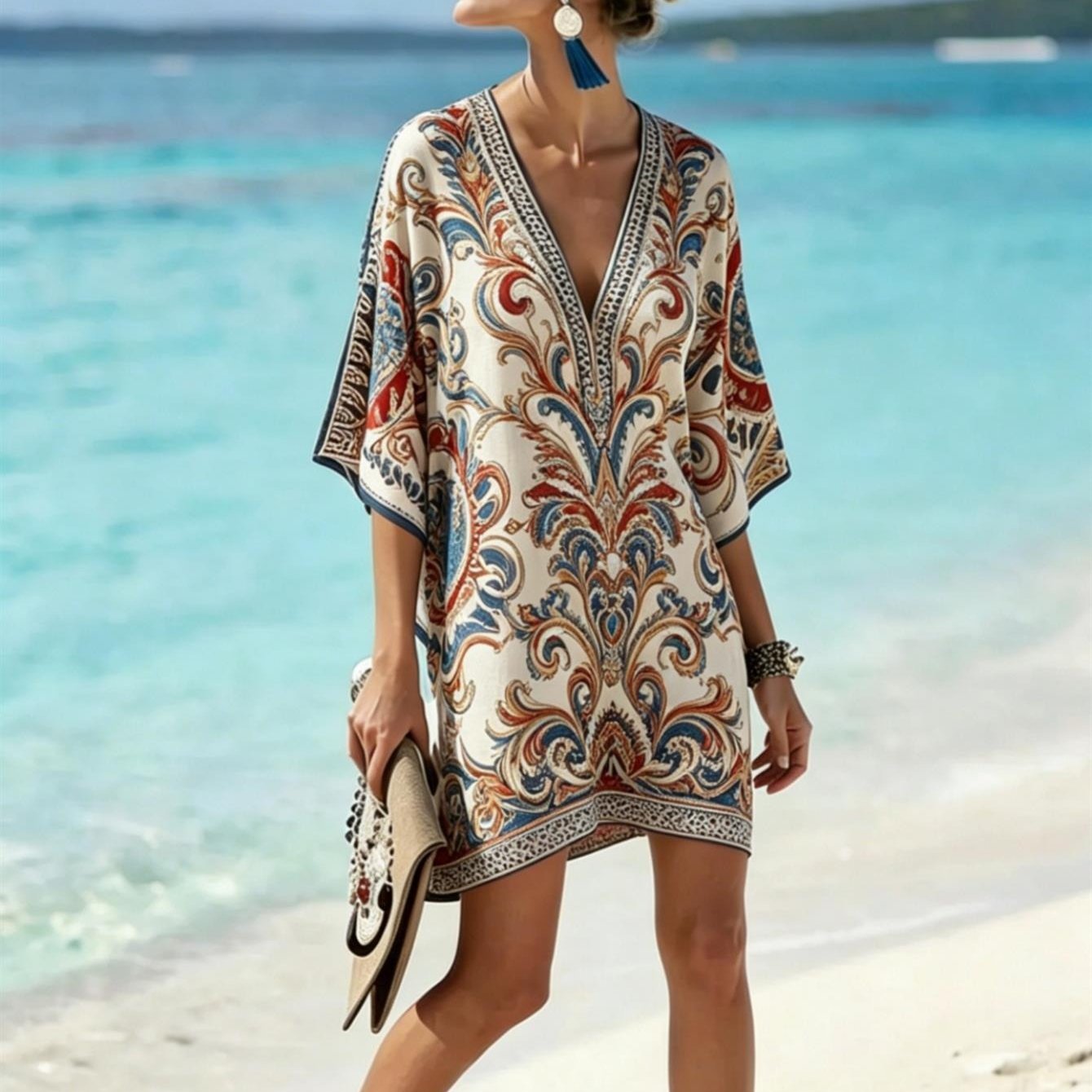 Image of Plus Size, Plus Size Women's Blue Red Baroque Vine Print Kaftan Dress, Ornate V Neck Tunic For Beach Photo Styling