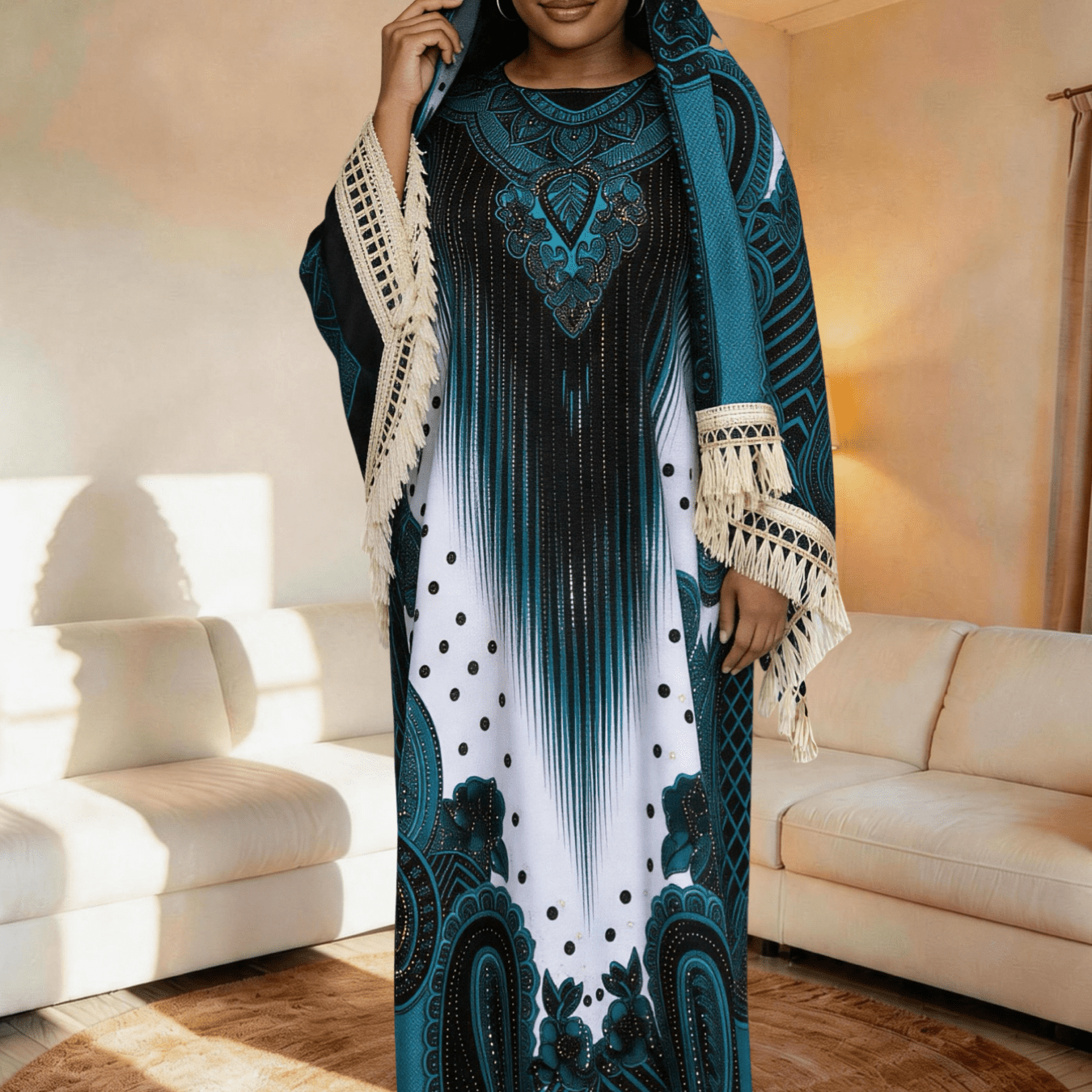 Image of Plus Size, Middle Eastern Traditional Abaya Dress Plus Size Floral Print Long Robe With Scarf Women