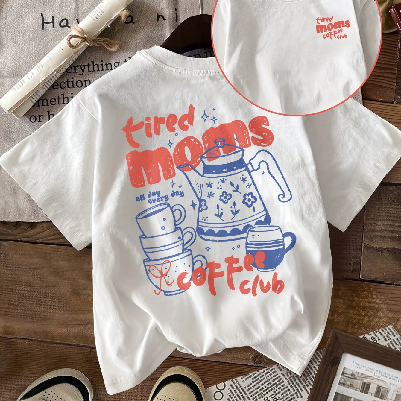 TEMU Women's Casual Short-sleeve T-shirt Featuring The 'tired Moms Coffee Club' Print, A Fun Vintage Design For , Perfect For Mother's Day, With A