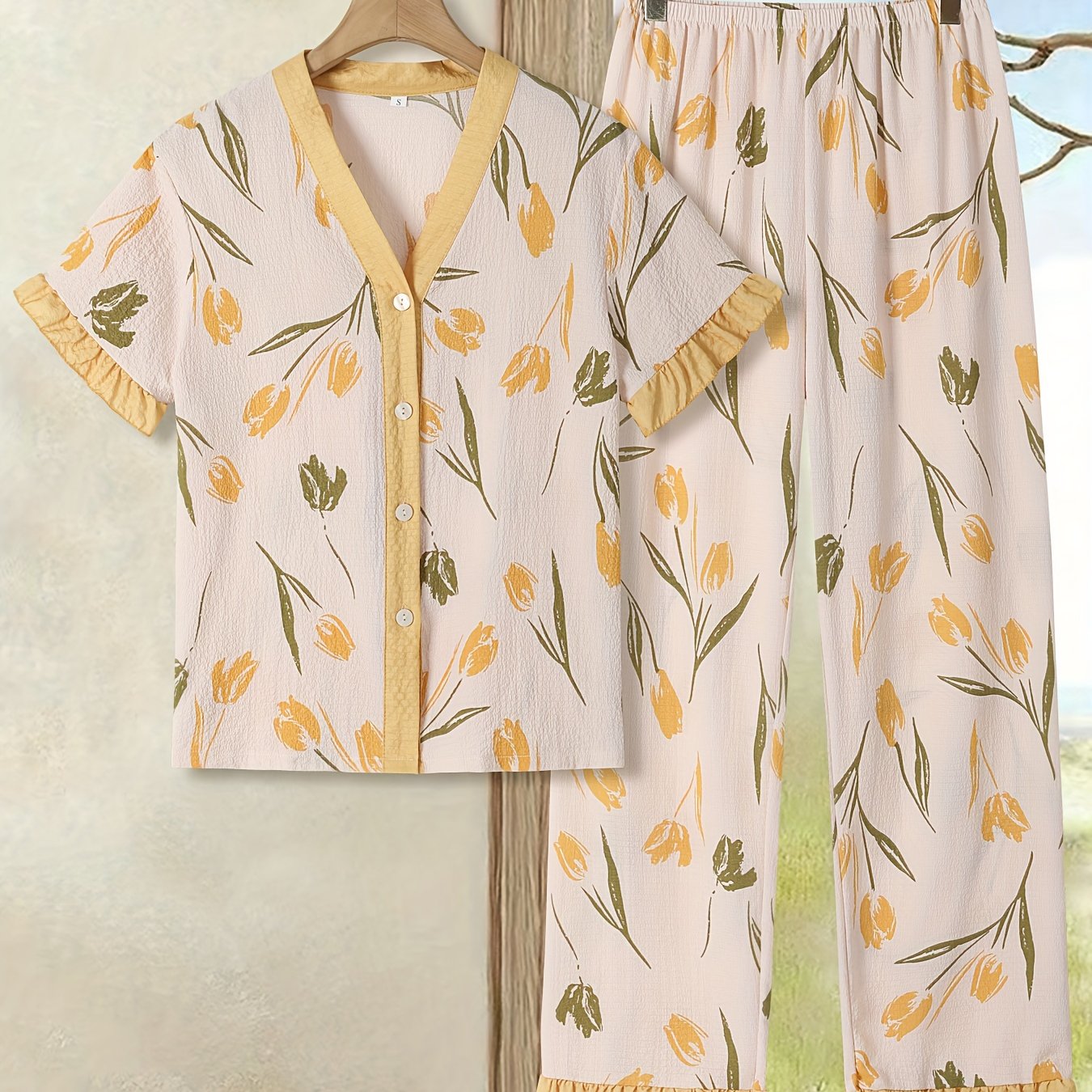 TEMU Elegant Women's Pajama Set - Heart Print V-neck Short Sleeve Top And Pants, Lightweight Loungewear