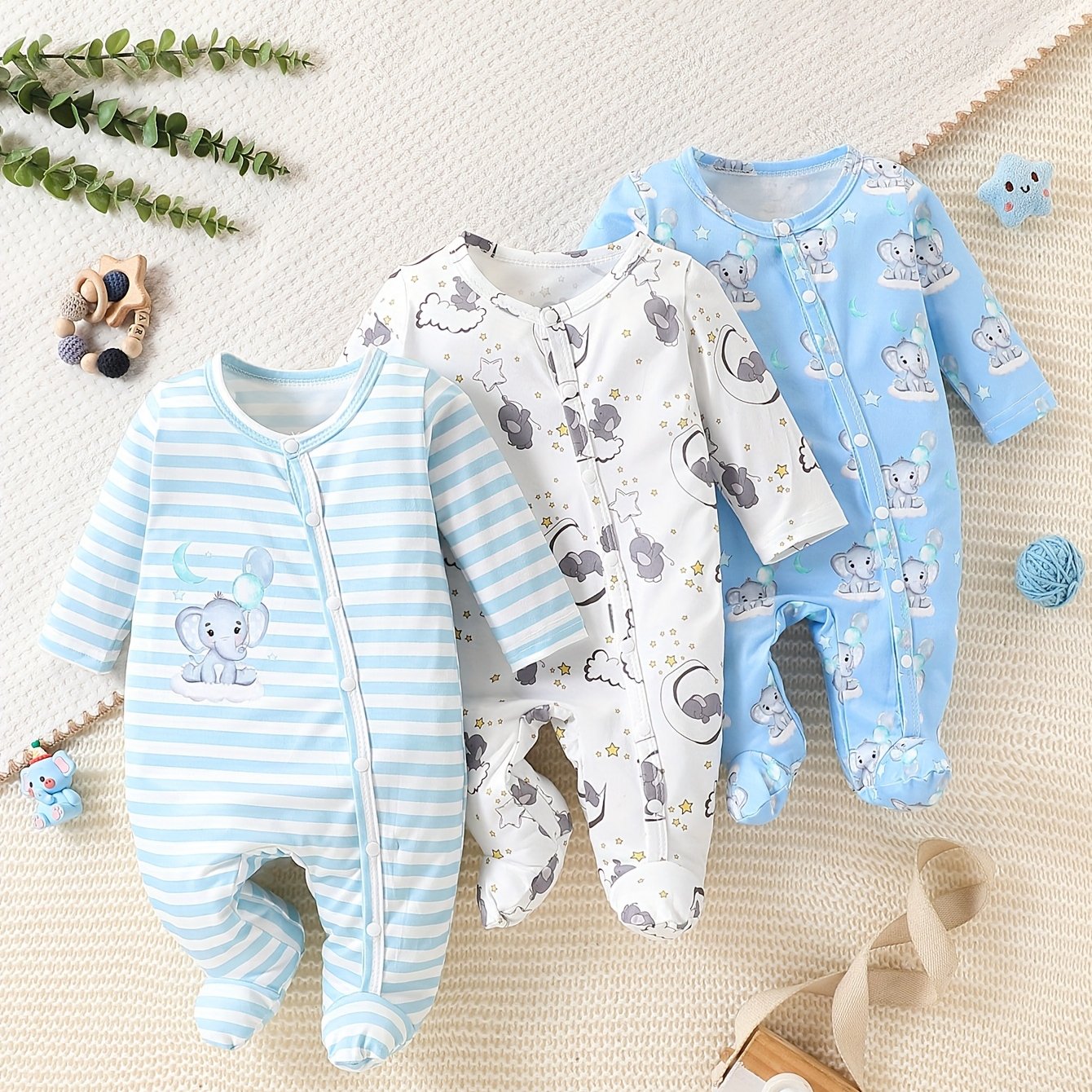Image of 3-piece Set Boys' Footed Onesie Romper, Newborn Soft, Comfortable, And Stretchy Cartoon Animal Random Print Bodysuit, Perfect For Outdoor
