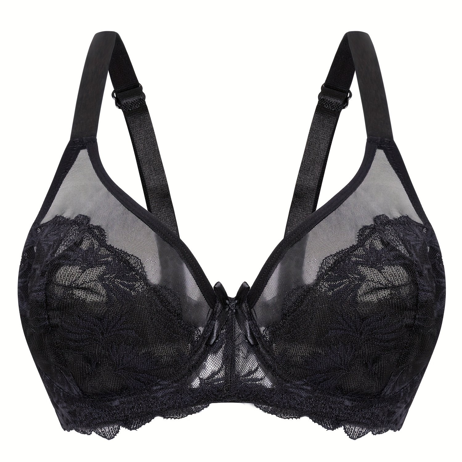 Image of Plus Size Lace Unlined Bras For Women, Unpadded Mesh Full Coverage Bras For Women, Floral Bras For Women Plus Size, Sexy Underwire Lace Bralettes For Women