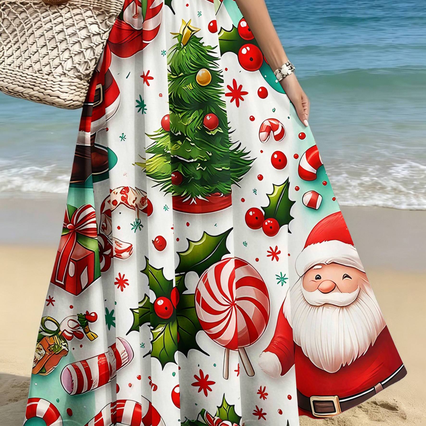 TEMU Plus Size Women's Elegant Fashion Skirt, Casual Printed Midi Dress, Santa Candy Christmas Tree Snowflake Print, Commute/casual/date/party/beach