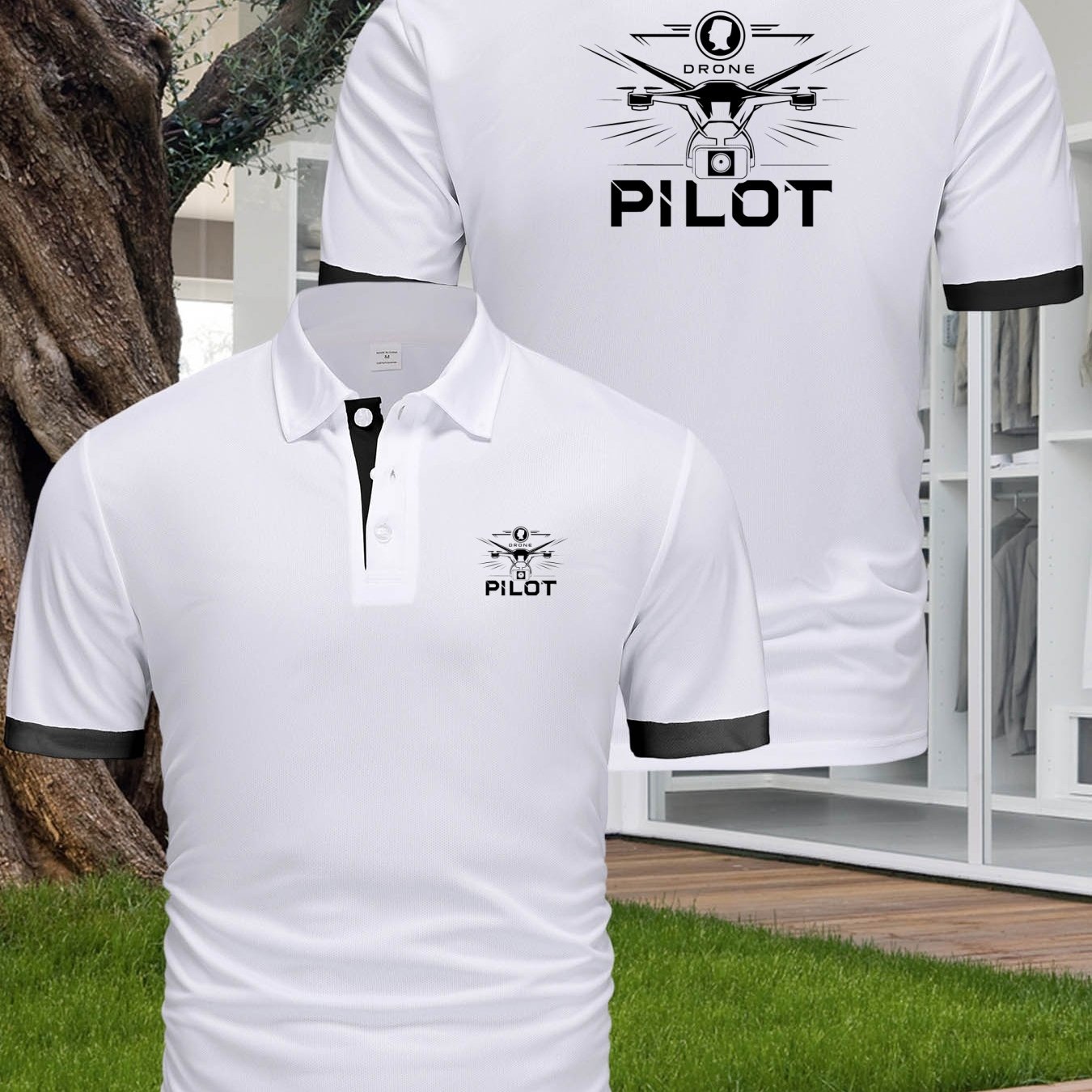 TEMU 1pc Men's Unique Creative (drone Pilot) Logo Pattern Print Short Sleeve Shirt, Suitable For , Regular Fit Blending Western Fashion, Showcasing