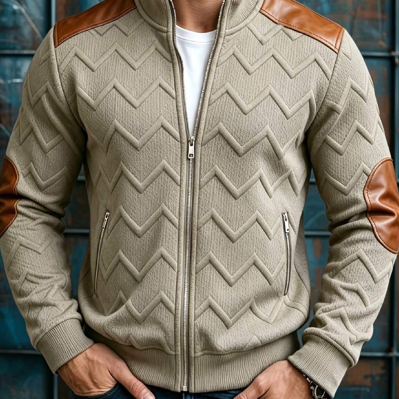 TEMU Obm Men's Fashion Casual Textured Sport Long Sleeve Zipper Jacket, Wave Jacquard Stand Collar Full Zip Jacket For Men, Shoulder And Elbow , Side