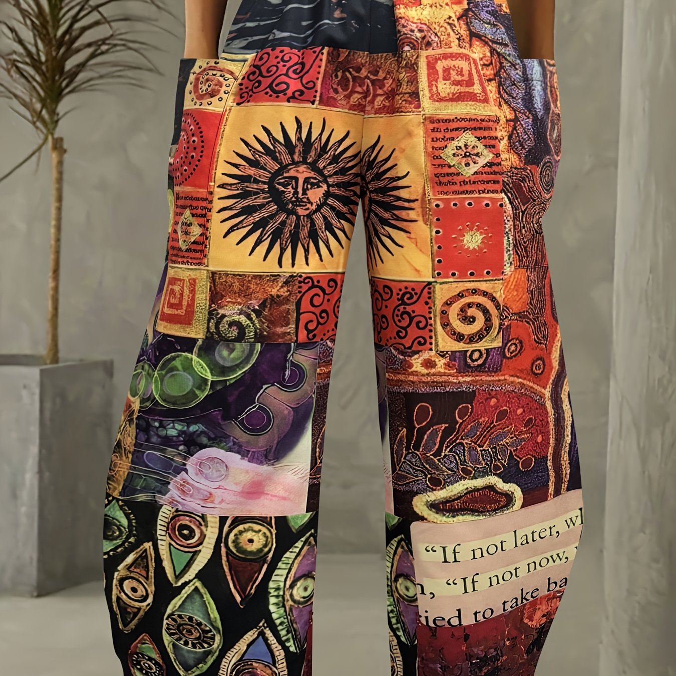 TEMU Plus Size - Plus Size - Wide Leg Pants With And Pockets | Non-stretch Fabric, Print, Elegant Style