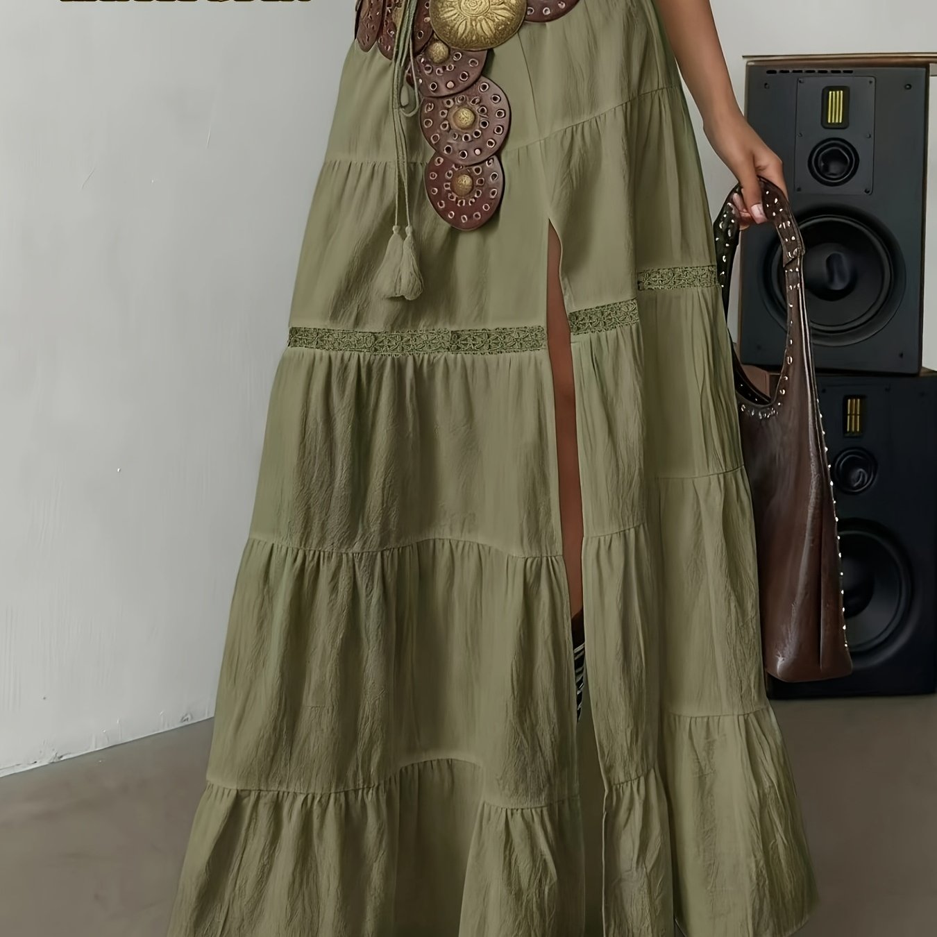 TEMU Bohemian Style Lace Slit Midi Skirt For Women, Elastic Waist, Cake Hem, Flared A-line Skirt, Vintage Ethnic Style, Vacation Vibe, Floor-length
