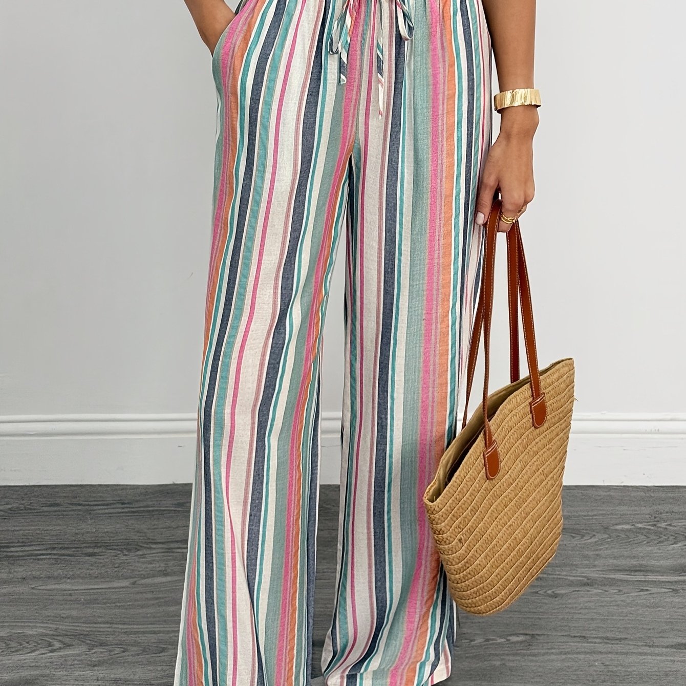 TEMU Women's High-waist Fashionable Color-striped Wide-leg Casual Drawstring Straight-leg Pants, Elegant Wide-leg Trousers Suitable For Spring,