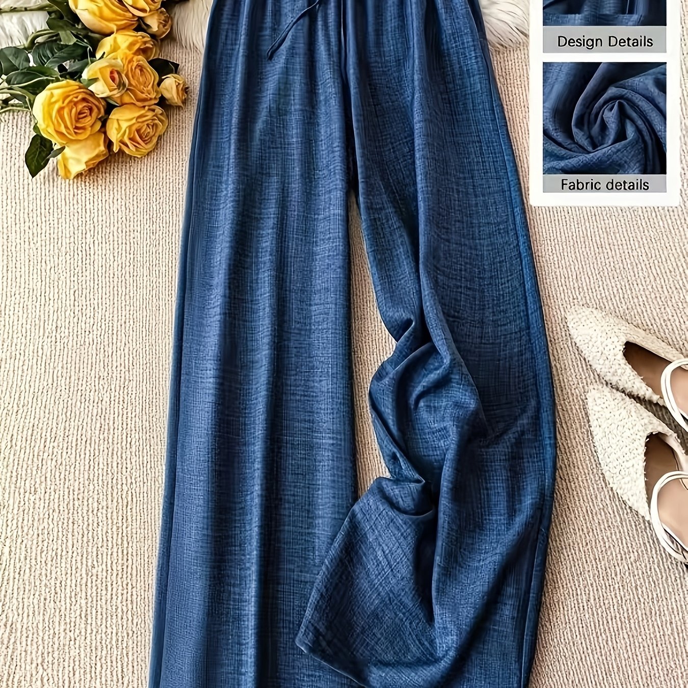 TEMU Plus Size, Women's Elegant Solid Color Straight-leg Pants With Drawstring Waist For Comfortable Wear