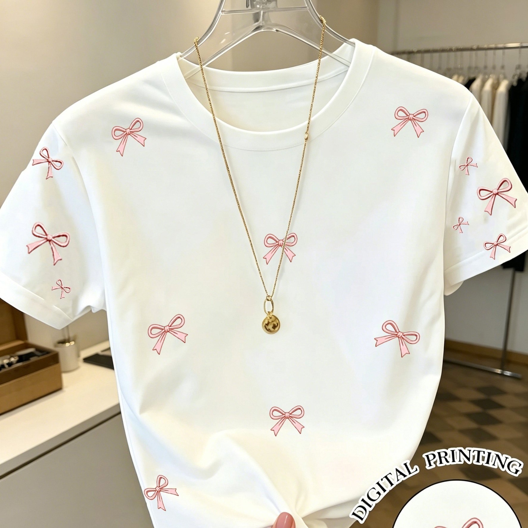 TEMU Fashion Women's Clothing Women' Pink Bow Full Print Women's T-shirt, Round Neck Short Sleeve Summer All-match Fashion Casual T-shirt, Trendy