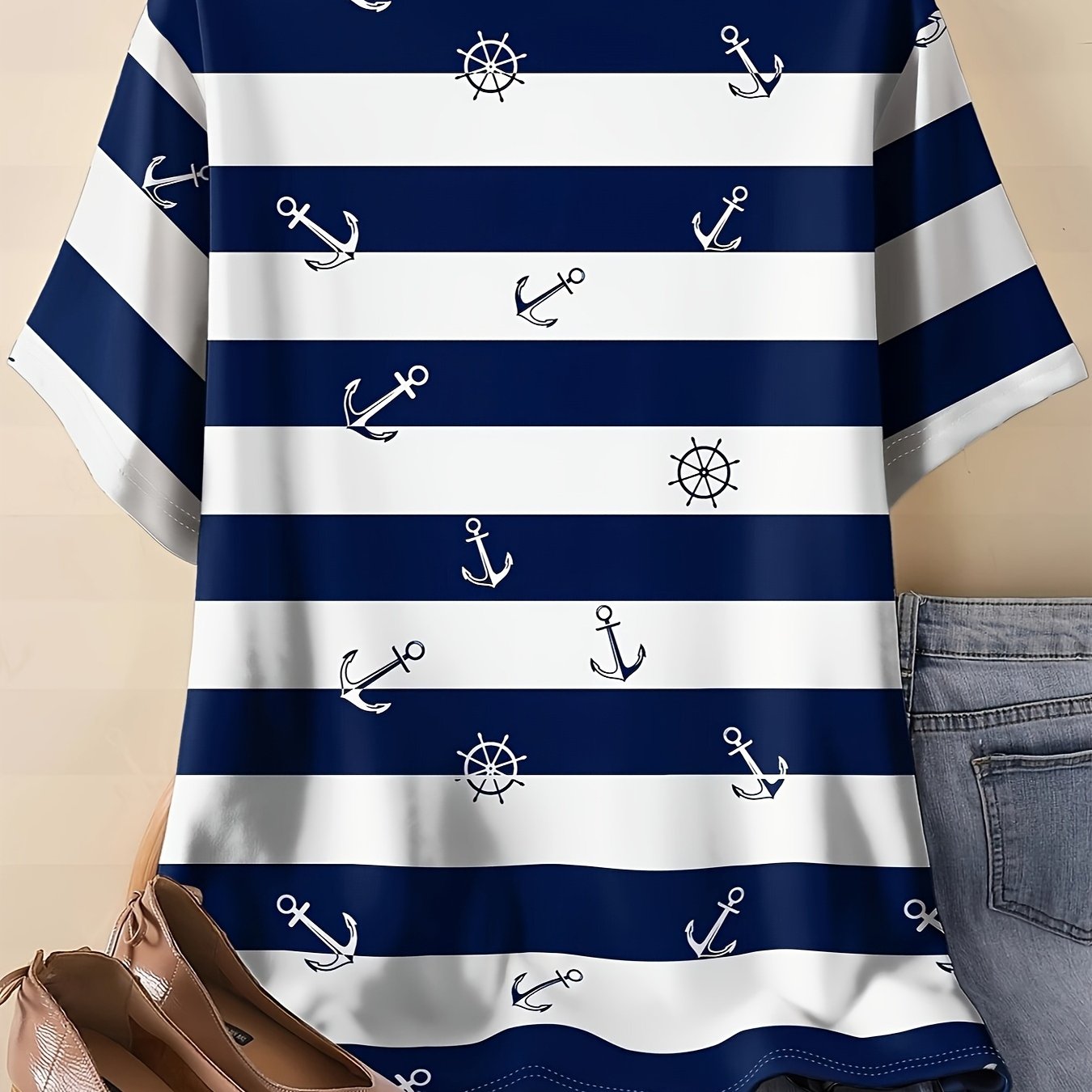 Image of Plus Size, Plus Size Size, Women's Size Nautical Anchor Print Blouse- Blue& White Striped Round Neck Short Sleeve Top, Medium--washable Fabric Suitable For Casual& Beachwear, - Fit