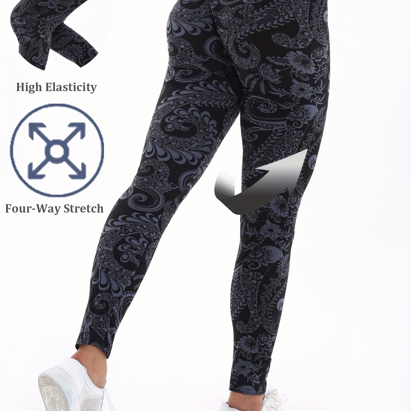 Image of Plus Size Black Flower Vine Floral Print Sports Yoga Leggings Large Size High Elastic Waist Gym Sports Elastic Training Pants Workout Casual Comfortable Breathable Fabric Trousers
