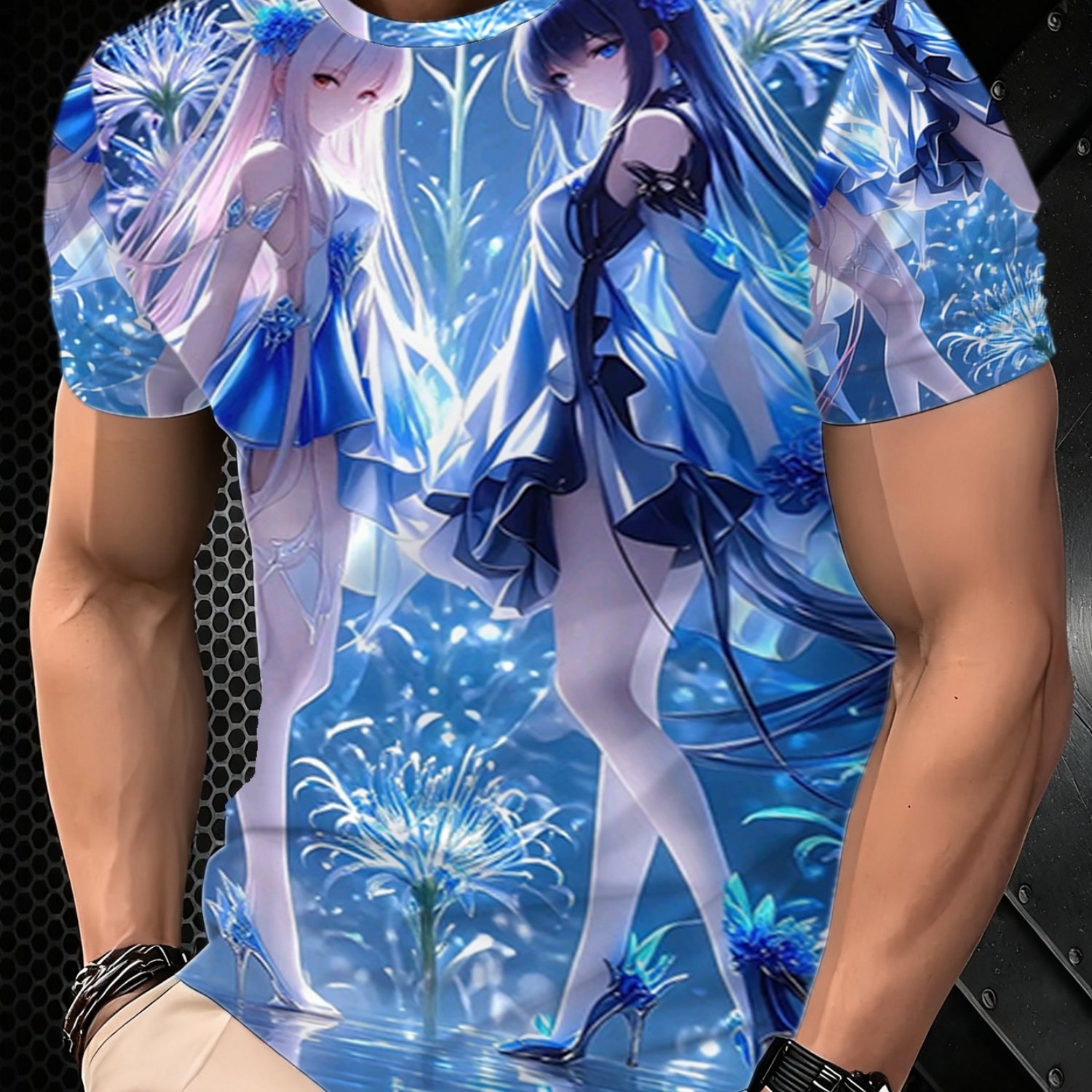 TEMU 's Short Sleeve T-shirt, Featuring Fashionable Of An Anime Girl In A Blue Dress Walking In Water, Designed For And , Gift