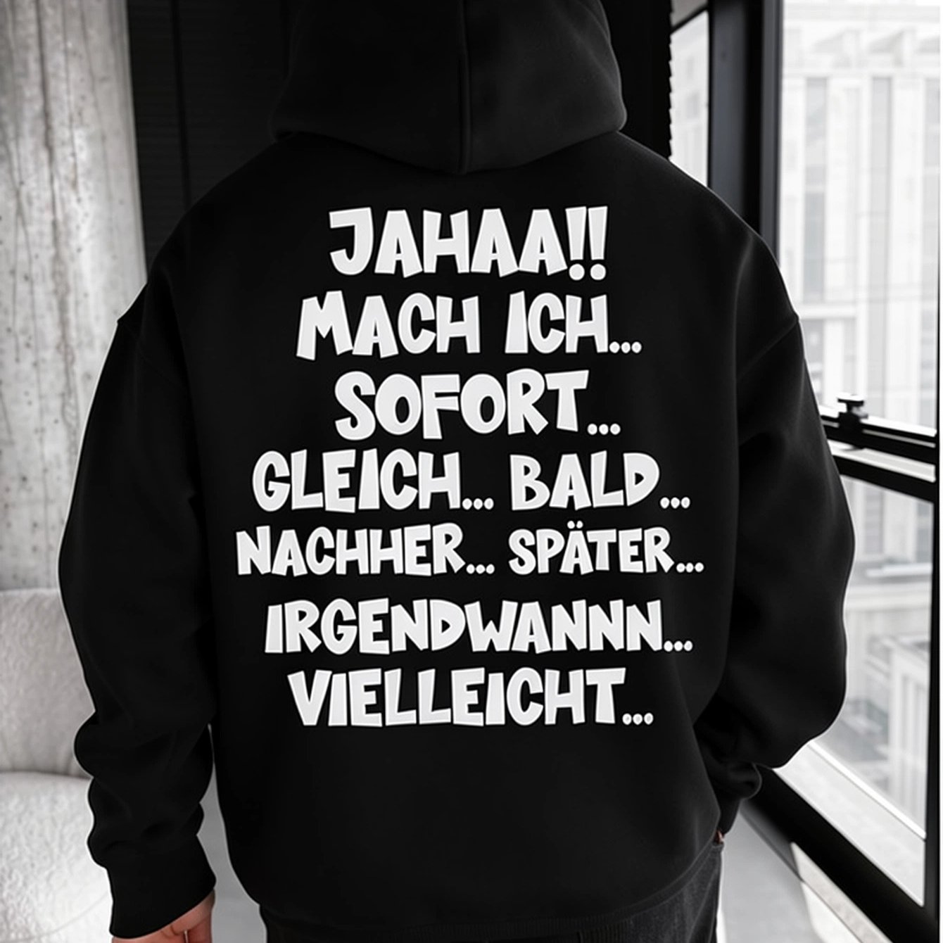 Image of [back Print] 1pc, Men's Casual Hooded Sweatshirt, 360g, With Pockets And A Drawstring, Funny German Procrastination Quote Text Graphic Hoodie, Daily Wear, Travel And