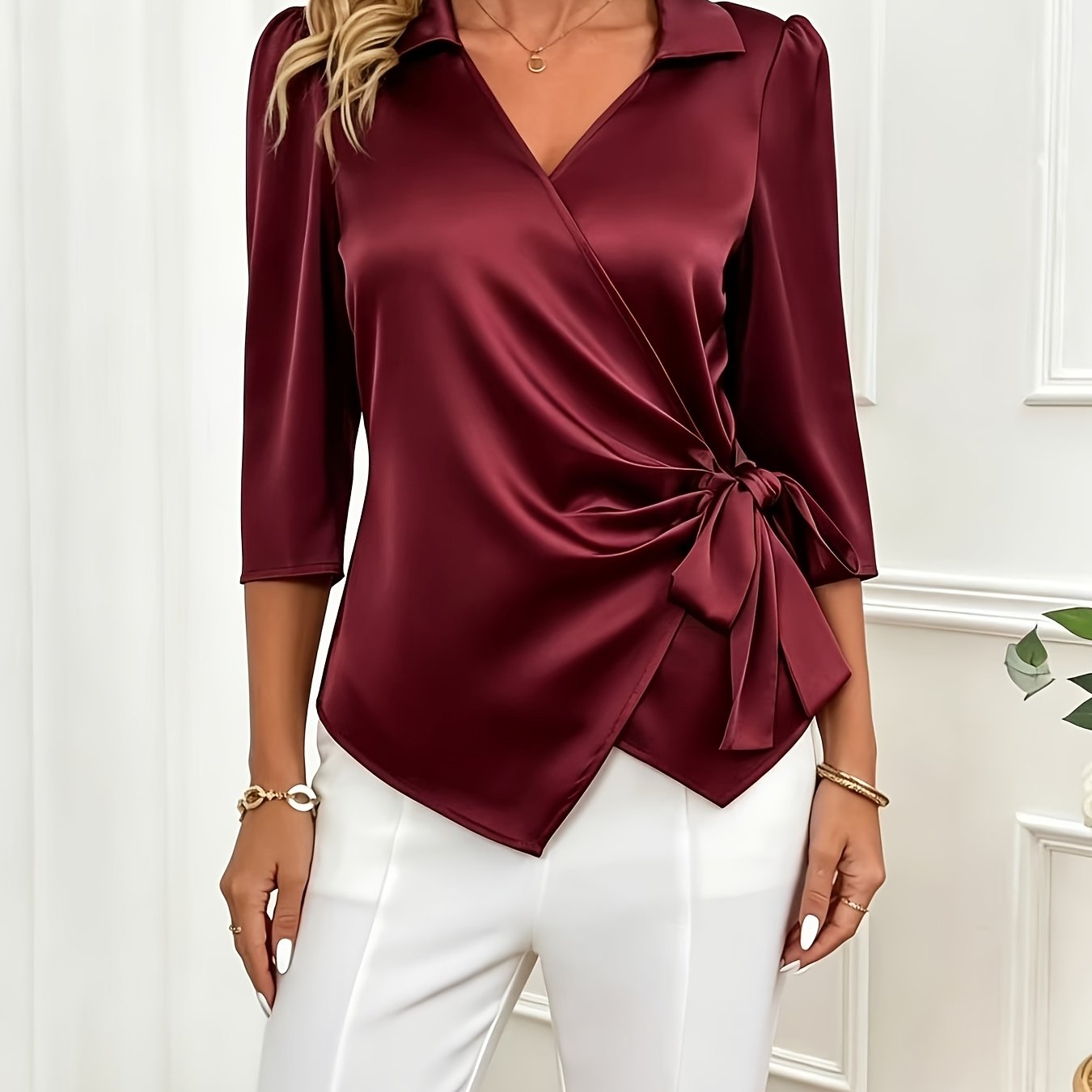 TEMU Haut à manches 3/4 pour femme, élégant et tendance, avec col en V, revers, en satin, à , idéal pour , les et décontractées