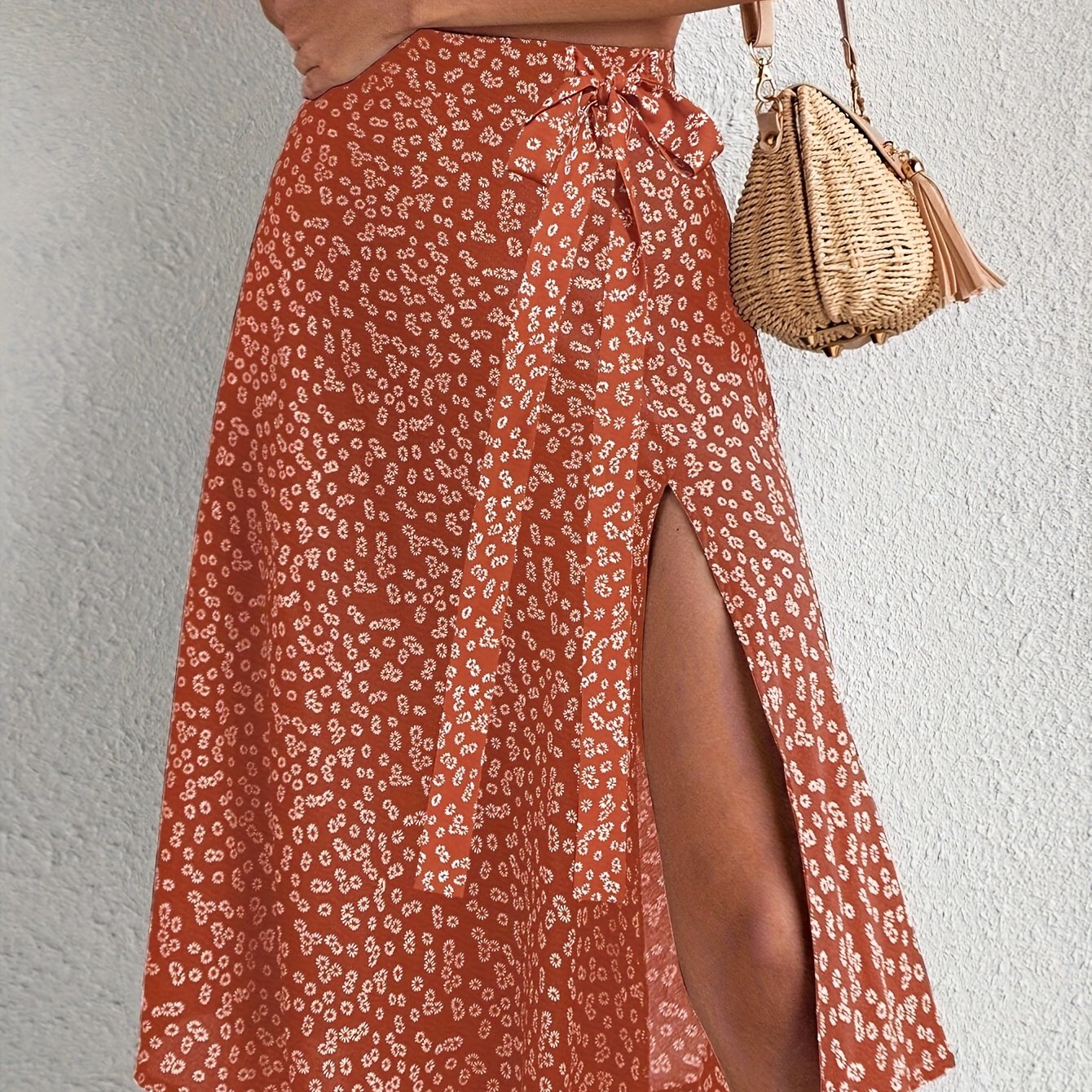 E-shop Neuer sommerlicher europäischer und amerikanischer Midi-Rock mit Blumenmuster, A-Linien-Schnitt, schräger Taille und Hüftbund