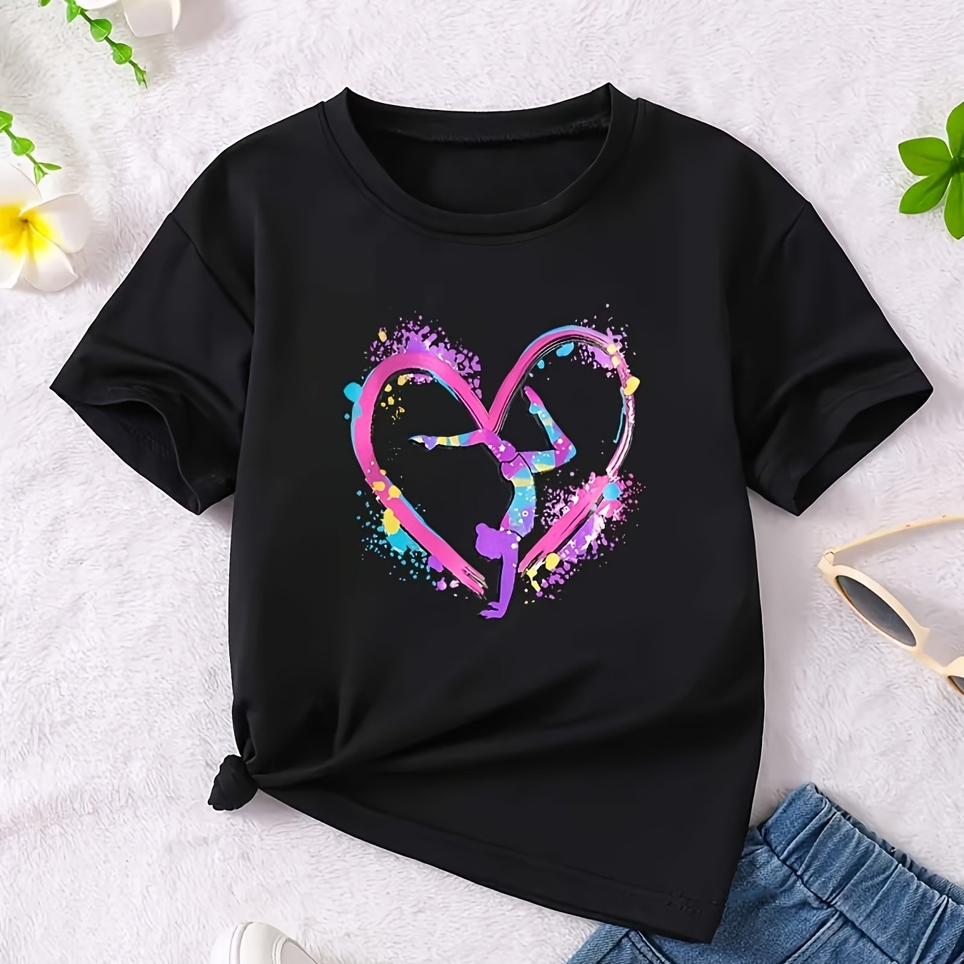 Image of 1pc Girls' Stretchy Gymnastics Heart Print T-shirt - Vibrant , Soft Polyester Knit Fabric, Casual Round Neck Short Sleeve Top For Summer | Regular Fit, Gymnastics Clothes For Girls