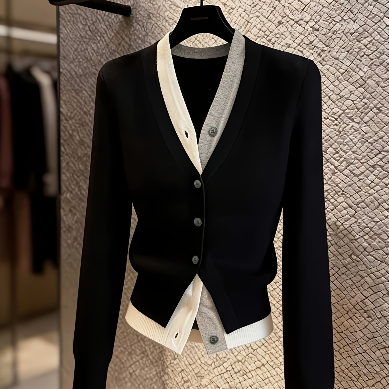 TEMU Cardigan 2-en-1 pour femme automne/hiver, pull-veste à col en V épissé avec couleurs contrastées, coupe ajustée, boutonnage simple, manches