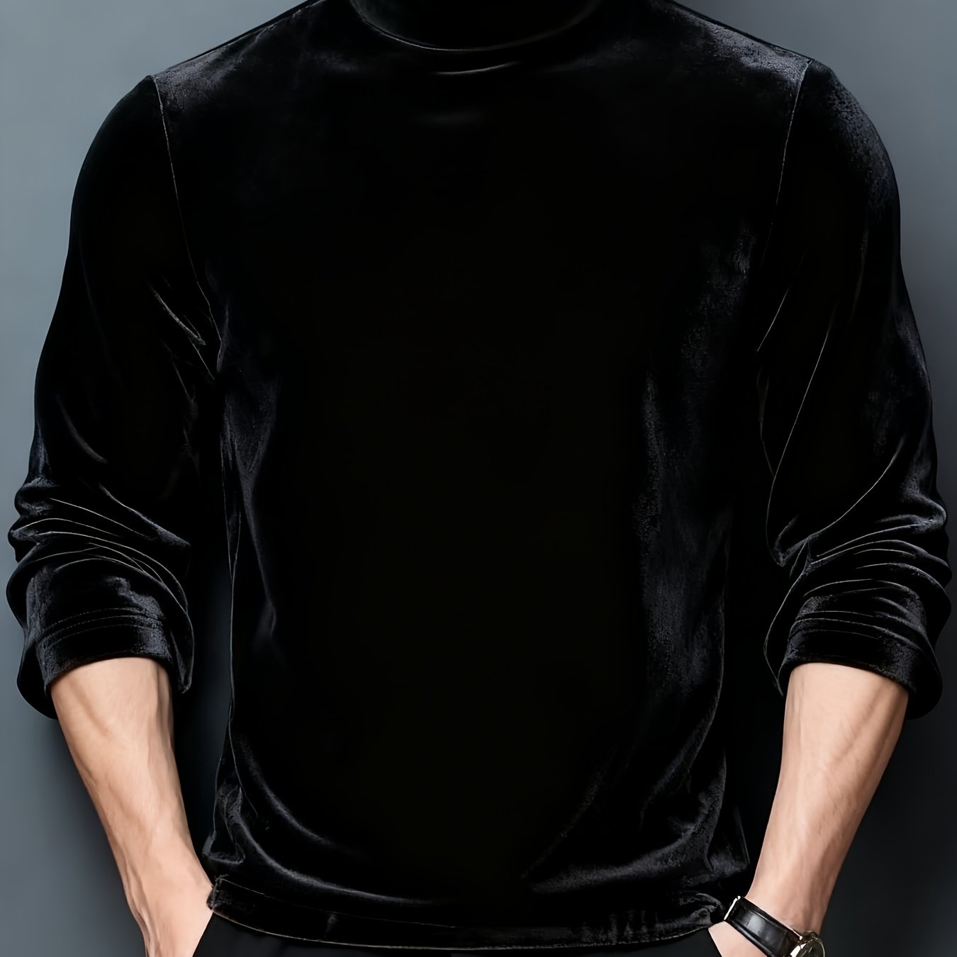 TEMU Luxury European Velvet T-shirt, Semi-high Neck High-elastic Long Sleeve, Soft And Comfortable Slim Fit Men's Fashion Top