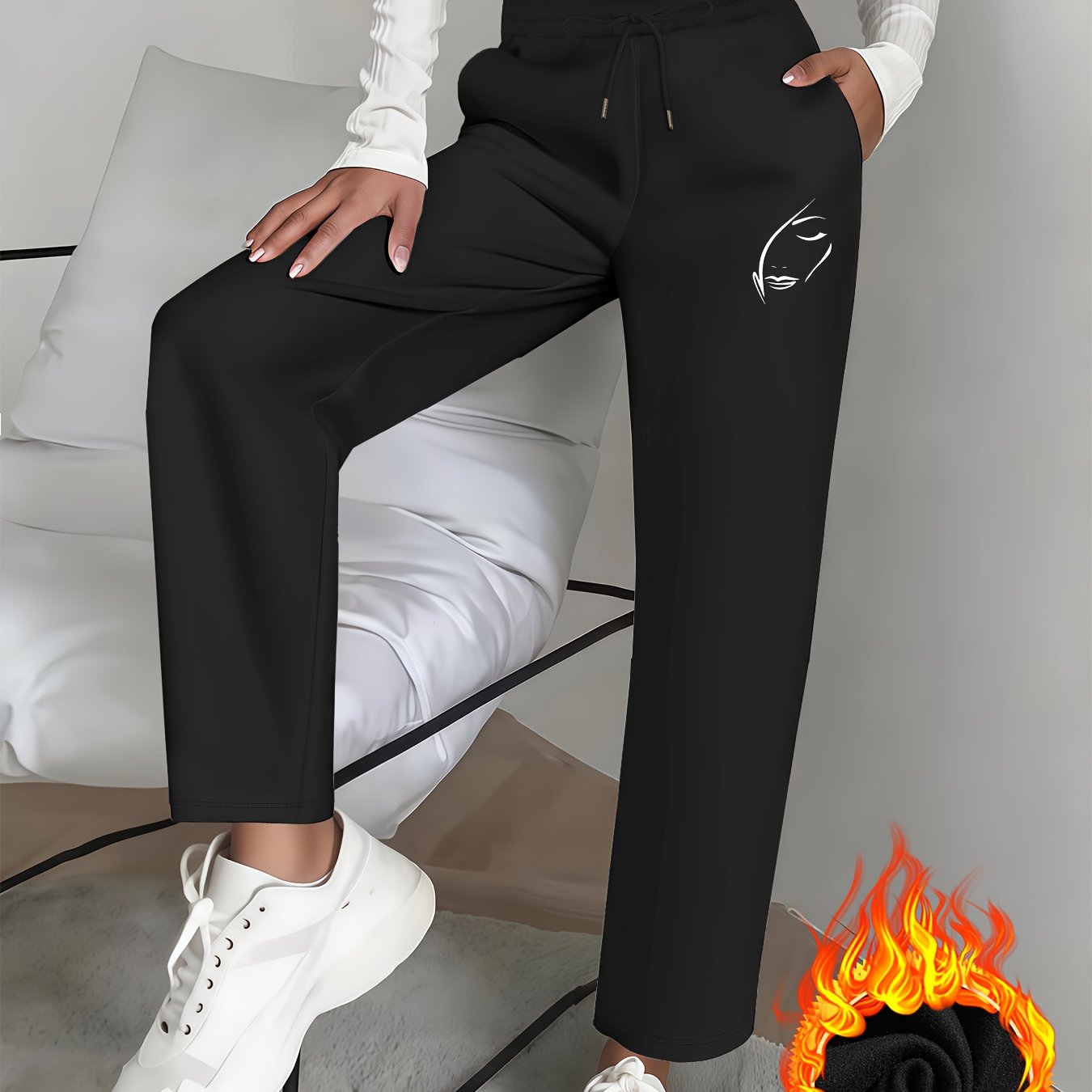 TEMU Pantaloni da donna in stile e americano, moda /inverno, minimalista, con stampa di elementi di ritratto a mezzo