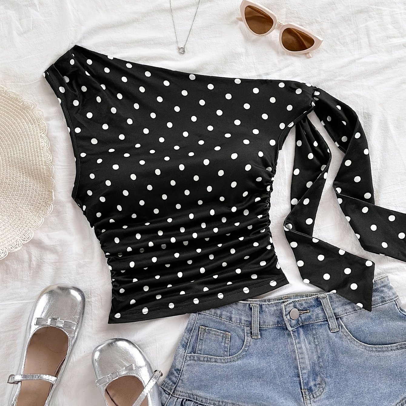 TEMU Women's Elegant Polka Dot Asymmetrical Shoulder Sleeveless Ruched Slim Fit T-shirt