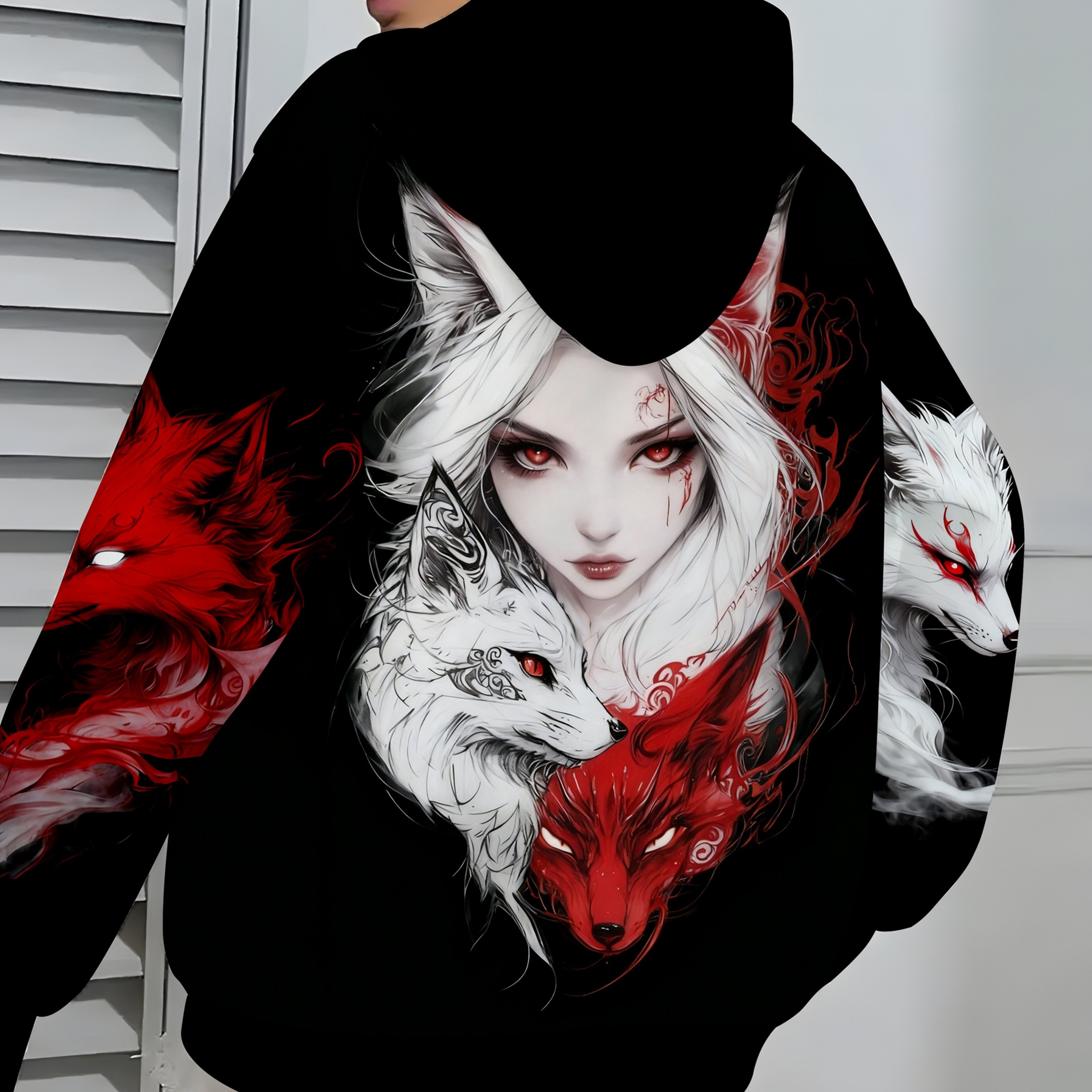 Plus Sized Women's Gothic Hooded Sweatshirt - White Hair Anime Character Back Print, Red/ Motif Pullover Sweater With Pockets, Spring/fall Casual Wear