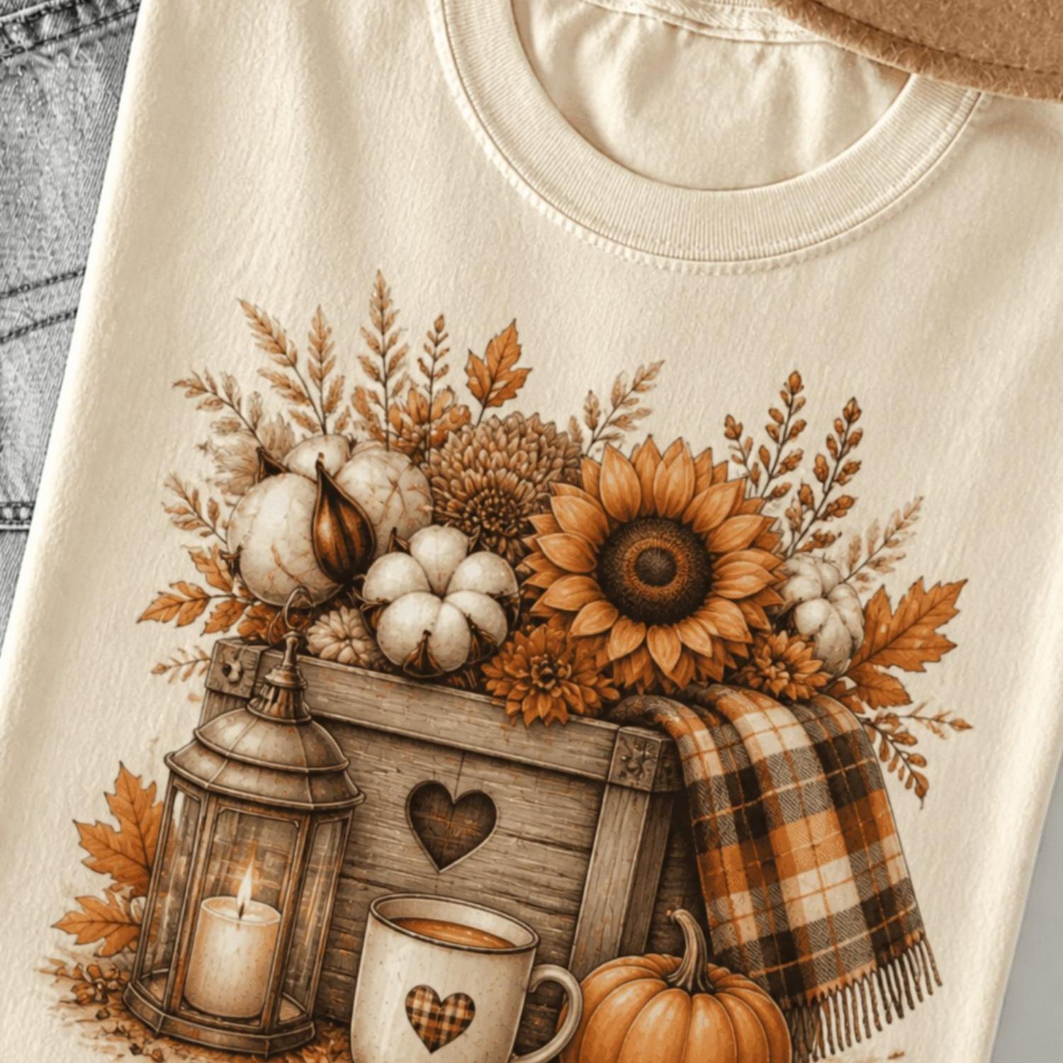 TEMU Men's And Women's Vintage Autumn Pumpkin Wicker Basket Maple Leaf Coffee Cup Pattern T-shirt Undershirt T-shirt Graphic Tee Cottagecore Retro
