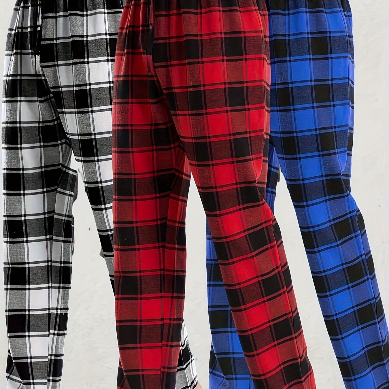TEMU 3-pack Men's Plaid Pajama Pants - Oversized Winter Sleepwear With Elastic Waist & Cuff, Loose-fit /nightgowns (plus Size ) - Checkered Lounge