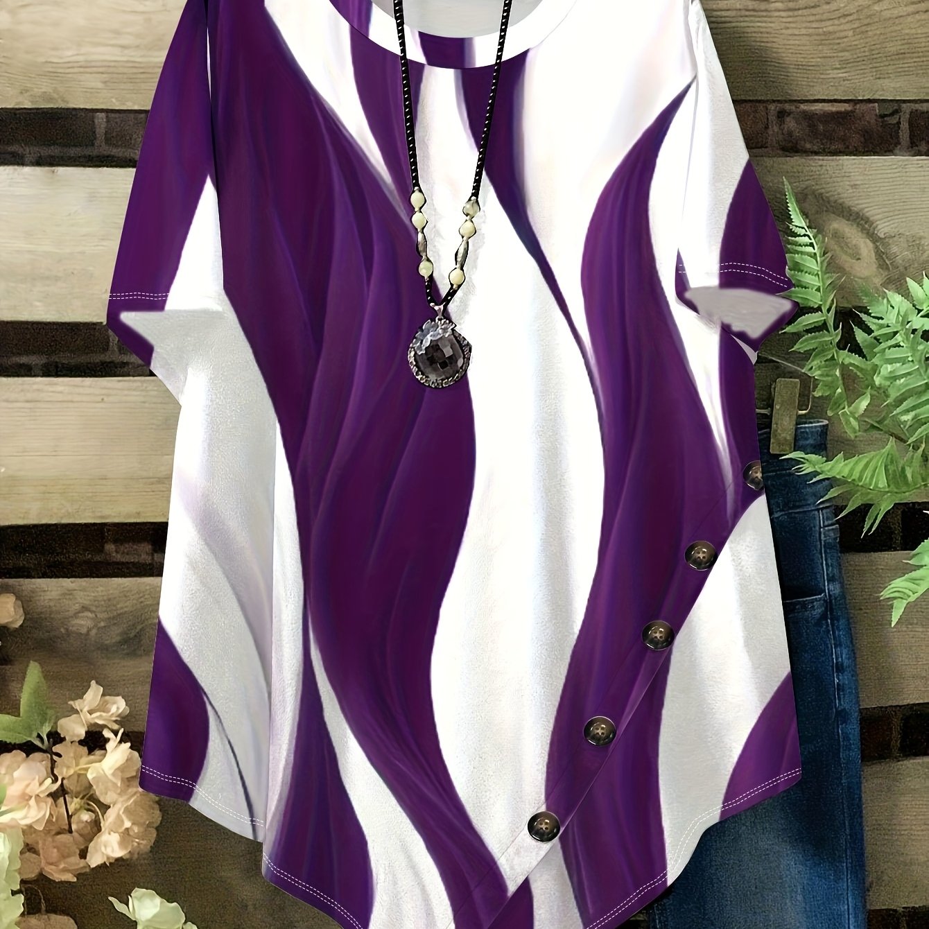 Image of Plus Size - Plus Size - Plus Size Loose Short Sleeve Elegant T-shirt, Striped Button Detail Round Neck Asymmetrical Hem Summer Chic Women's Clothing