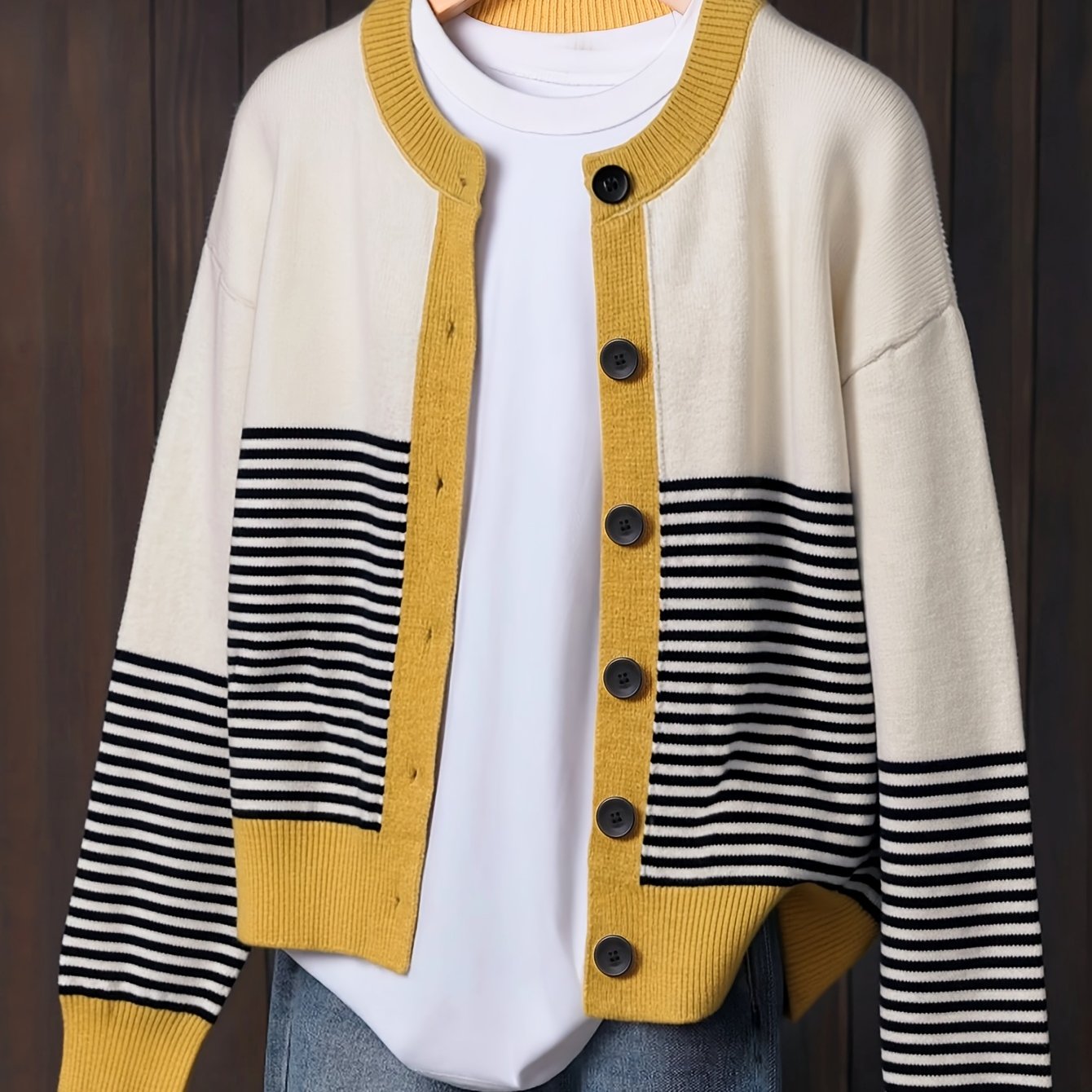 TEMU Gilet d'automne-hiver pour femmes, motif patchwork à rayures contrastées, col rond, boutonnage rond décontracté et , rayures classiques, coupe