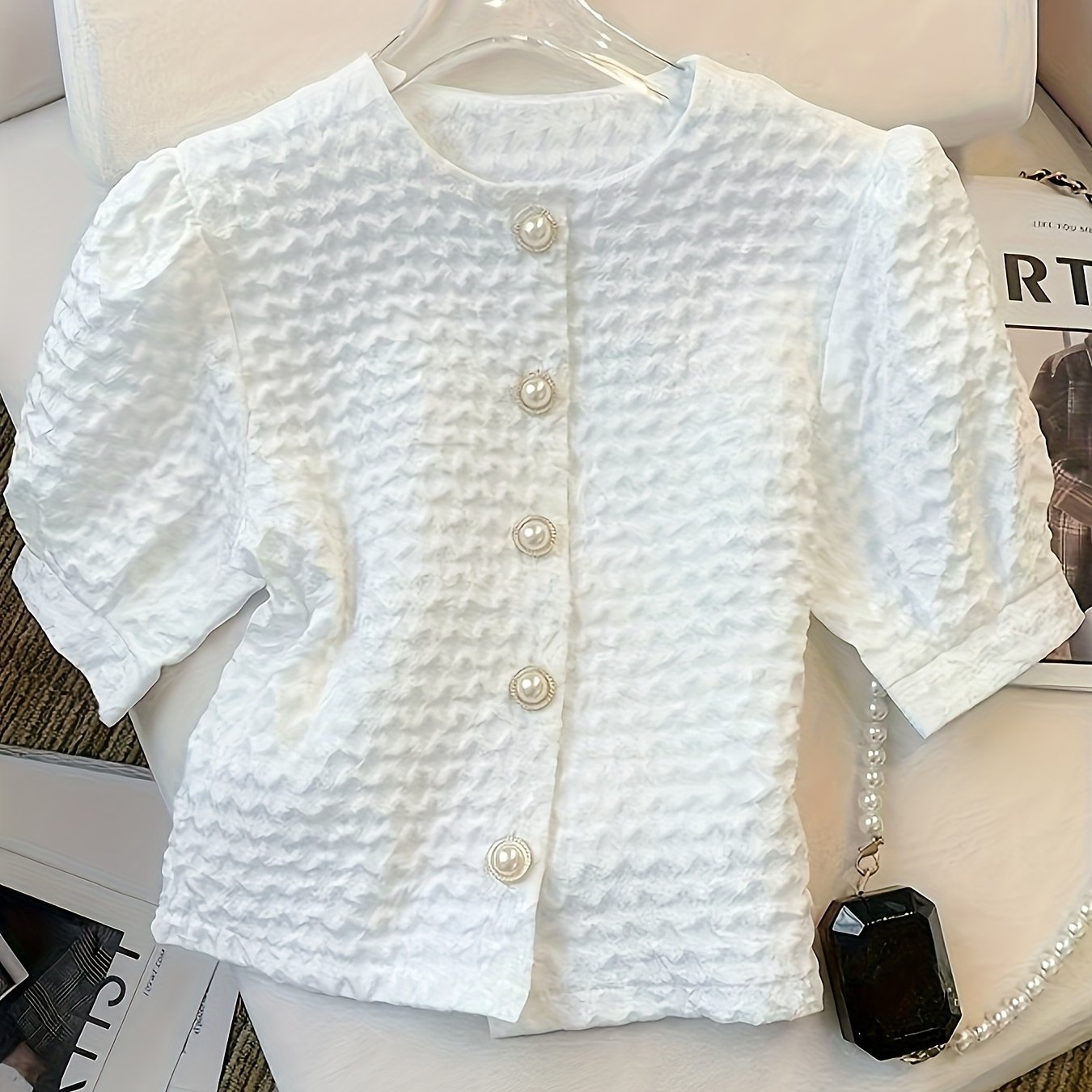 E-shop Damens Elegante Rhombus-Jacquard-Bluse - Offene Kragenknopfleiste, Unifarbenes Hemd für Freizeit & Formelle Anlässe, Maschinenwaschbarer