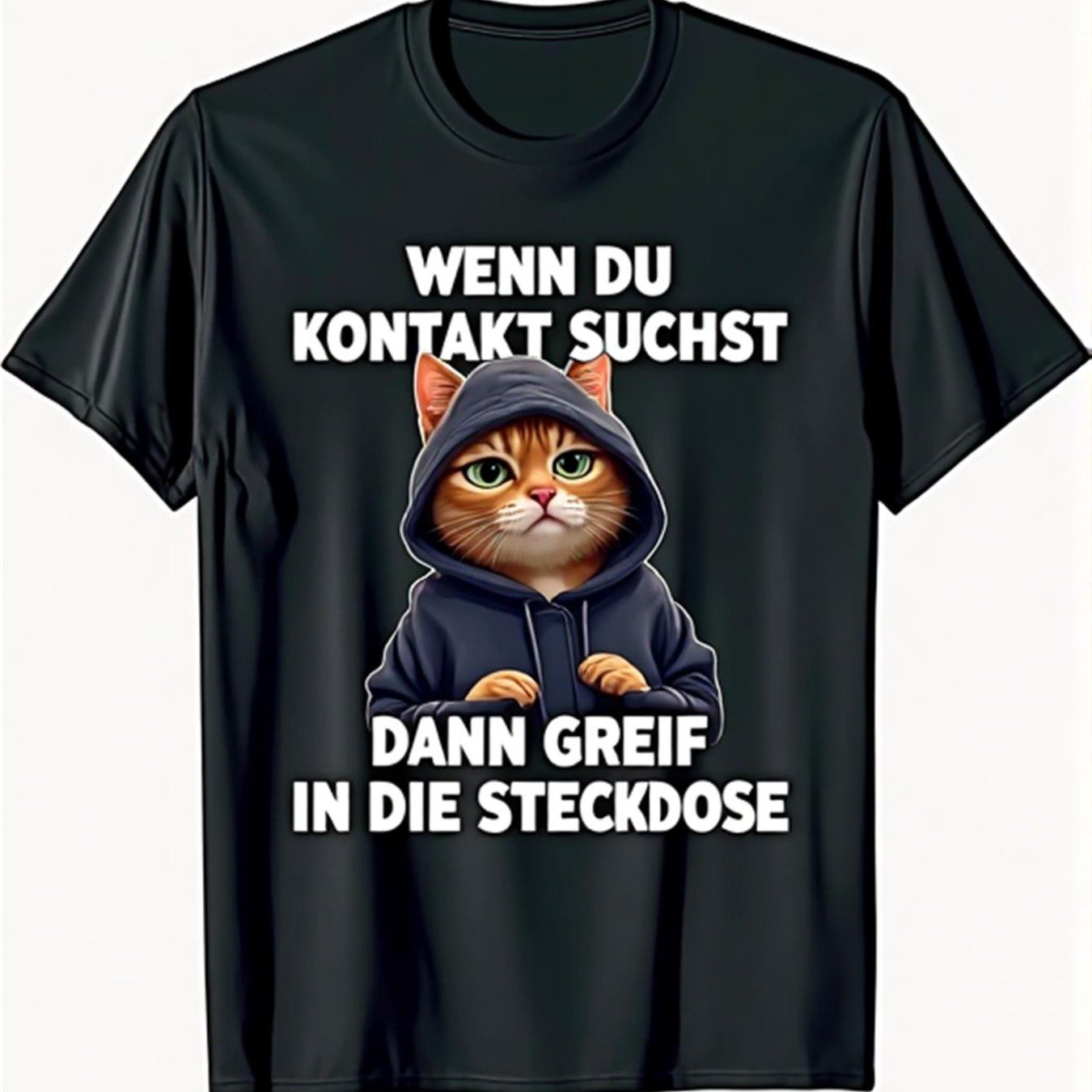German T-shirt With Cartoon 're Looking For Contact, Reach Socket Black Casual Short Sleeve Tee For Men And Women, Humorous German Text Gift, Machine Washable Regular Fit Adult Tee With Print And Meme