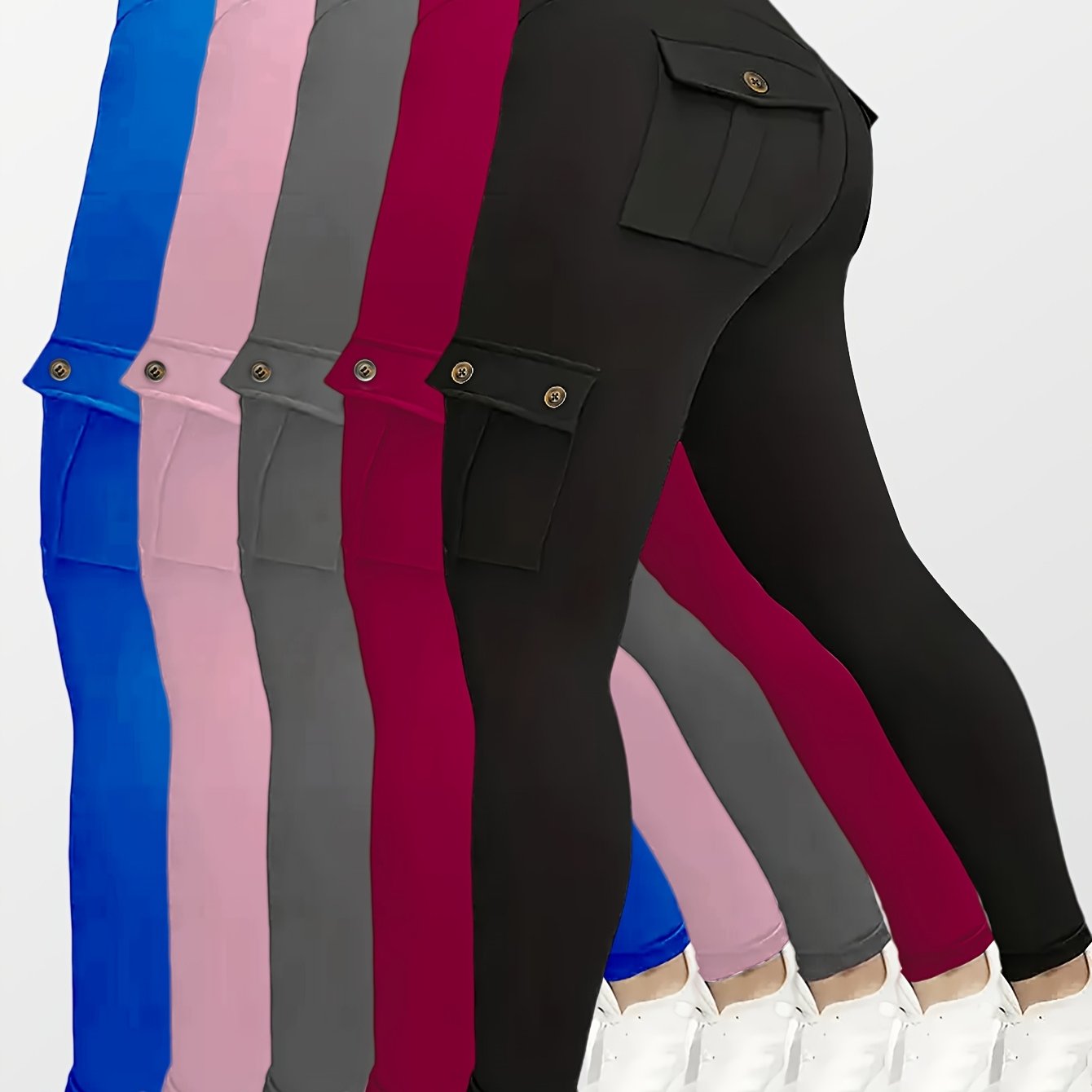TEMU 5pcs Set Of Women's High-waists Yoga Leggings With Belt Pockets, Elastic Running And Sports Leggings, Button Design, Solid Colors (black, Navy