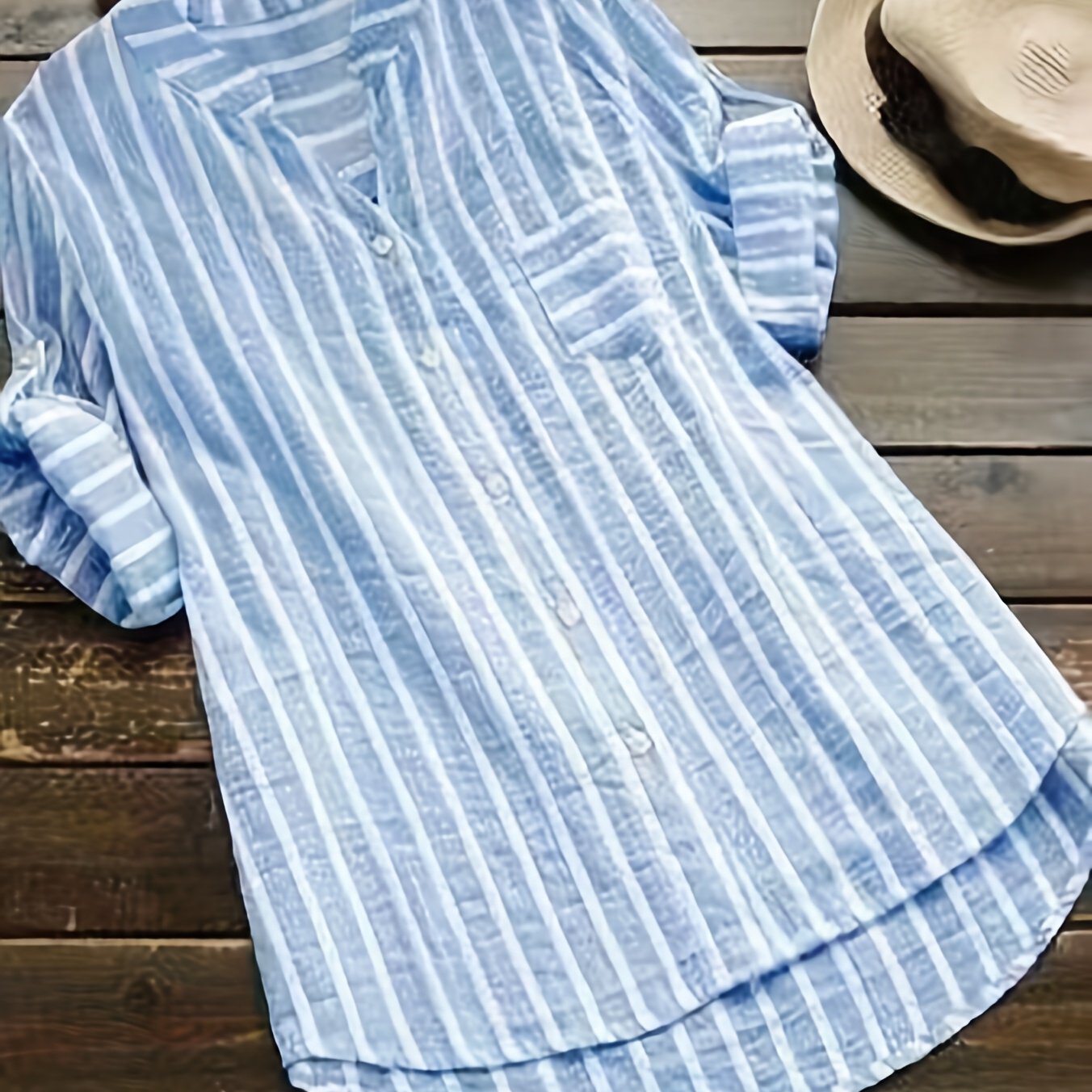 Image of Fashionable European And American Popular Top New Casual V-neck Striped Long Sleeved Women's Shirt