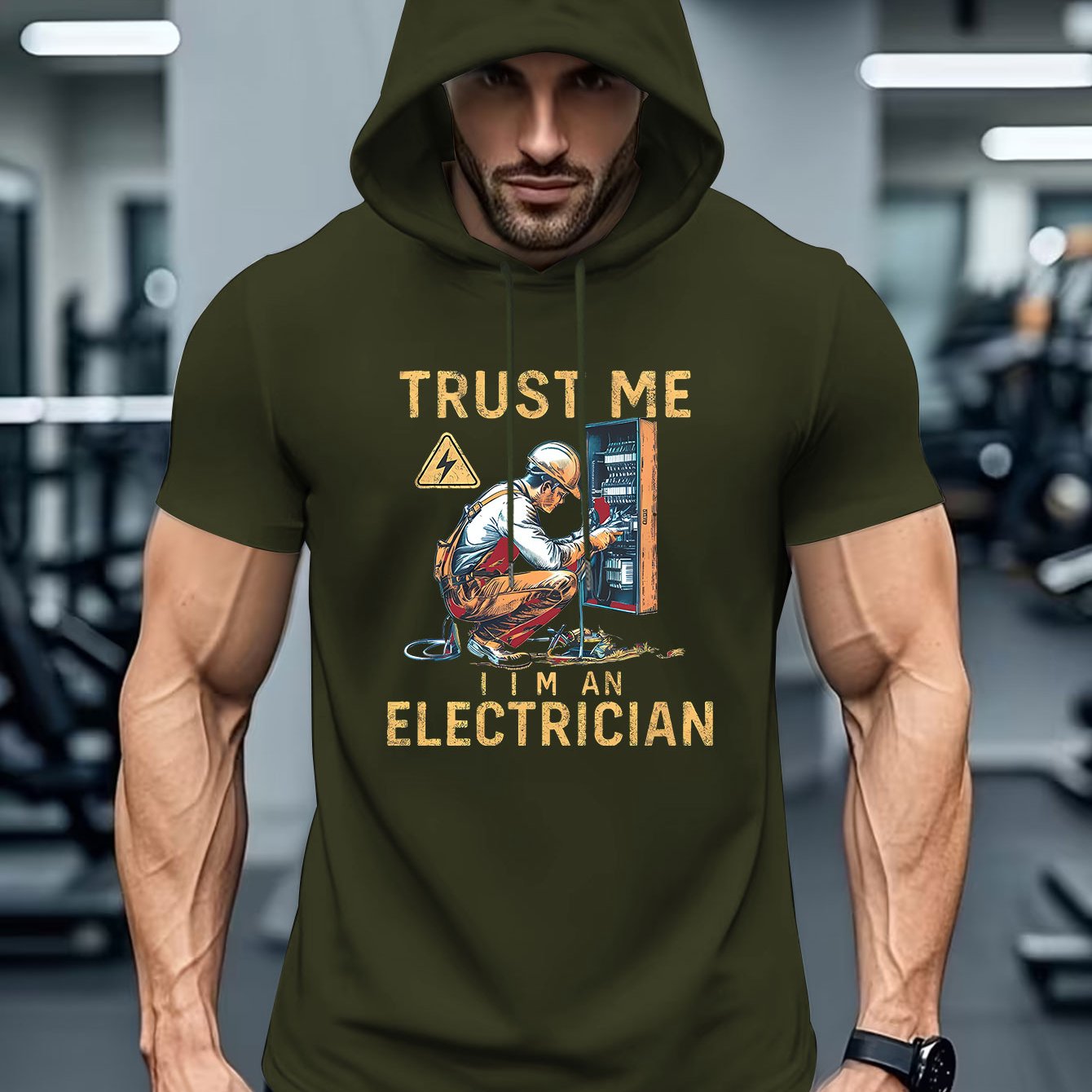 TEMU Me I'm An Electrician Men's Short-sleeve Hoodie With Hooded Neck - Electrician-themed Workwear, Machine Washable Summer Hooded Pullover Suitable