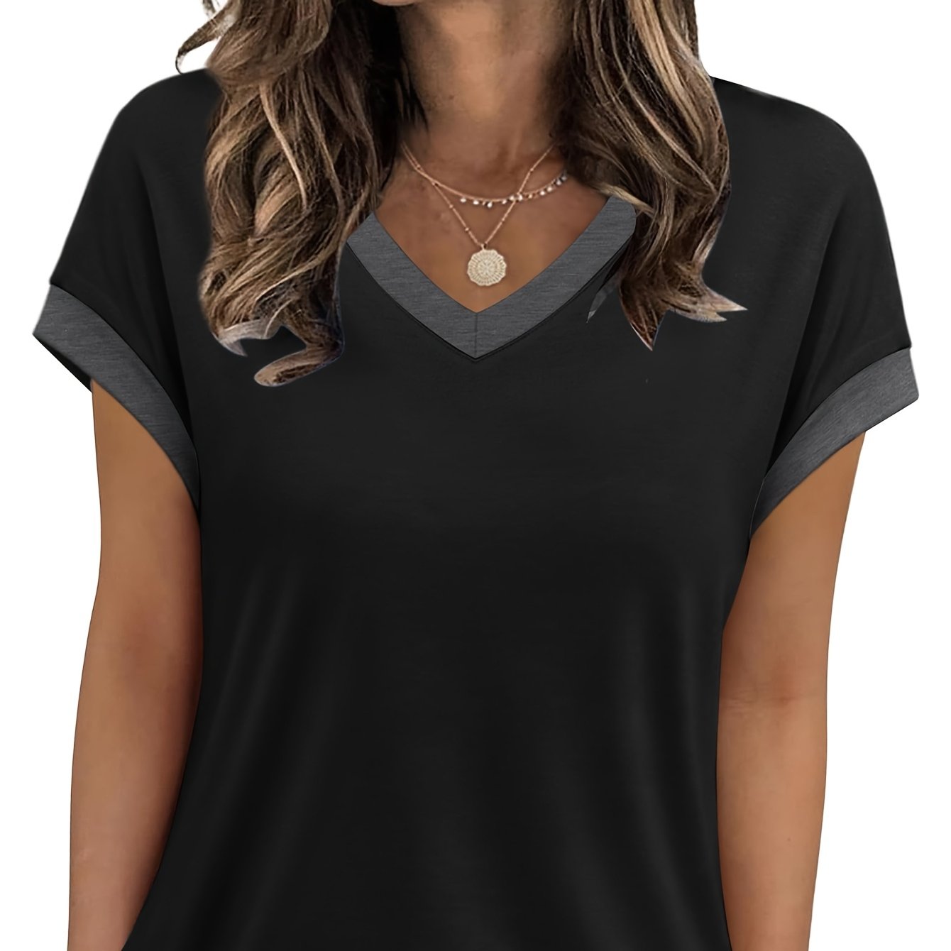 E-shop Damen V-Ausschnitt Kurzarm Bluse: Einfarbiges Weiches Alltags-T-Shirt für Freizeit & Freizeit - Maschinenwaschbares Basic-Oberteil,