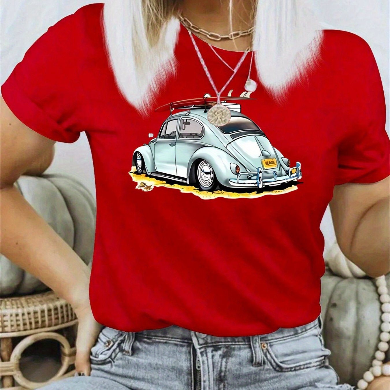 TEMU Fashion Ladies Trendy Car Surfboard Surfing Crew Neck Short Sleeve T-shirt