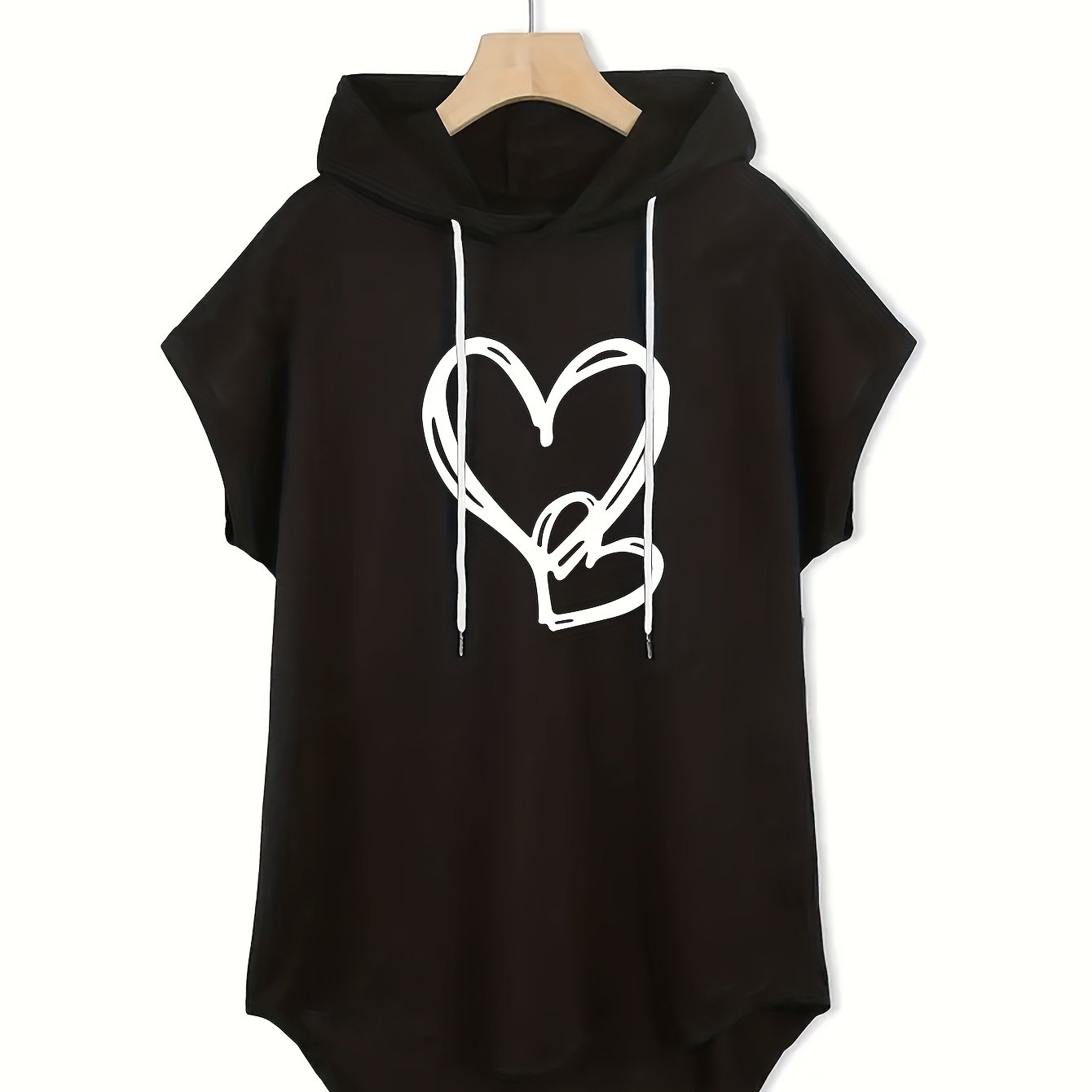E-shop Herzchen-Hoodie mit Kapuze und Kordelzug in großen Größen, lässiges Kurzarm-Top, Damenmode für Frühling und Sommer