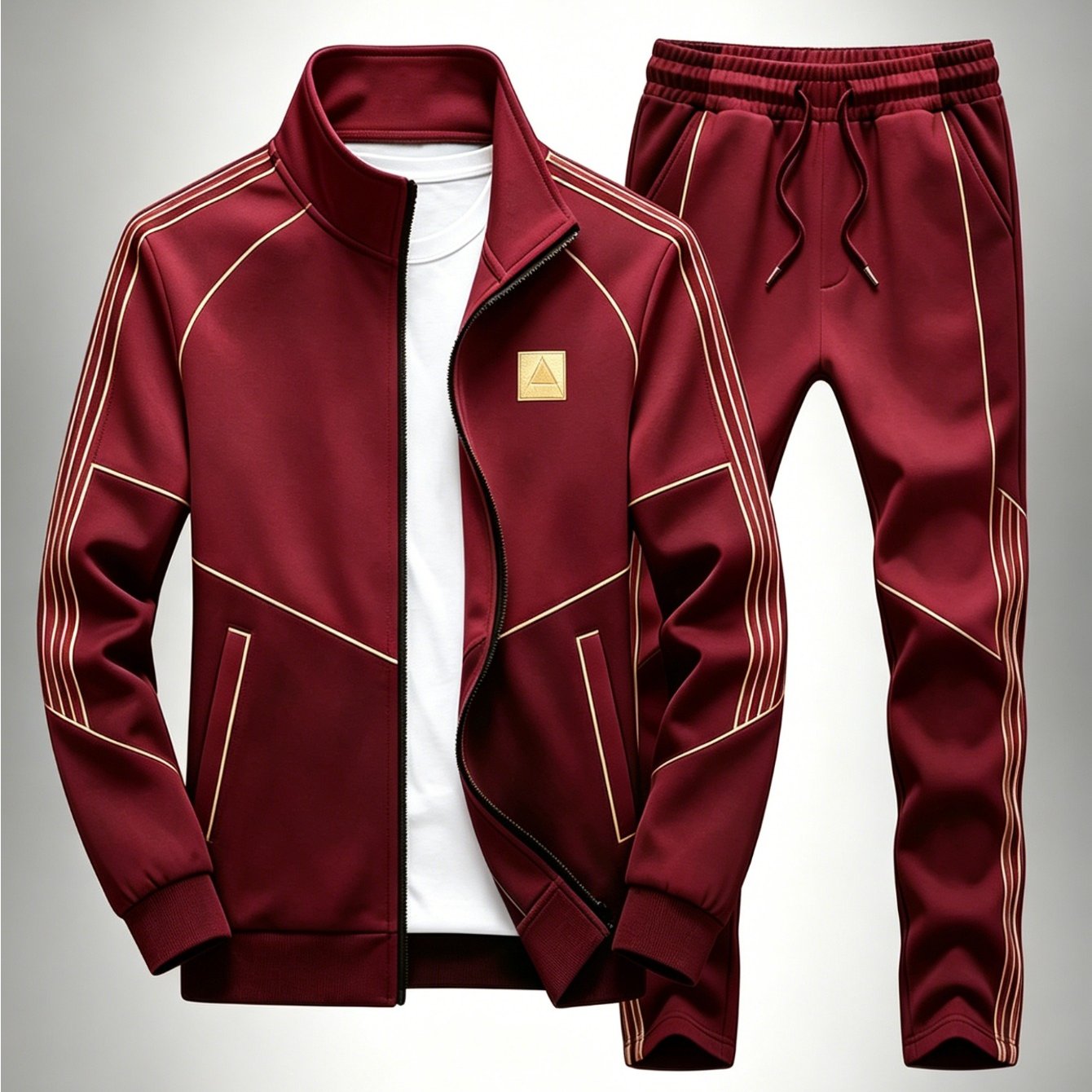 Image of Men's Burgundy Trim Tracksuit, Zip-up Stand Collar Jacket & Jogger Pants 2pcs Set, Casual Sportswear, Breathable & Comfortable, Perfect For , Plus Sizes
