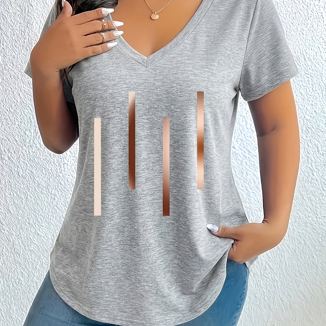 TEMU Plus Size Women's Fashion V-neck Geometric Pattern T-shirt
