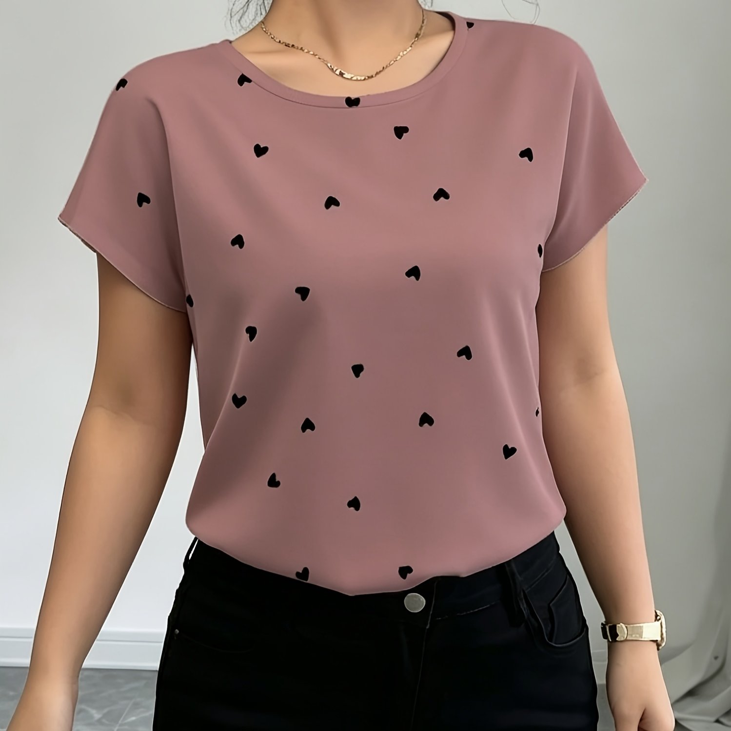TEMU Women's Elegant Heart Print Round Neck Short Sleeve Blouse T-shirt - Non-stretch Suitable For Casual & Dressy Top, Machine Washable Opaque Shirt