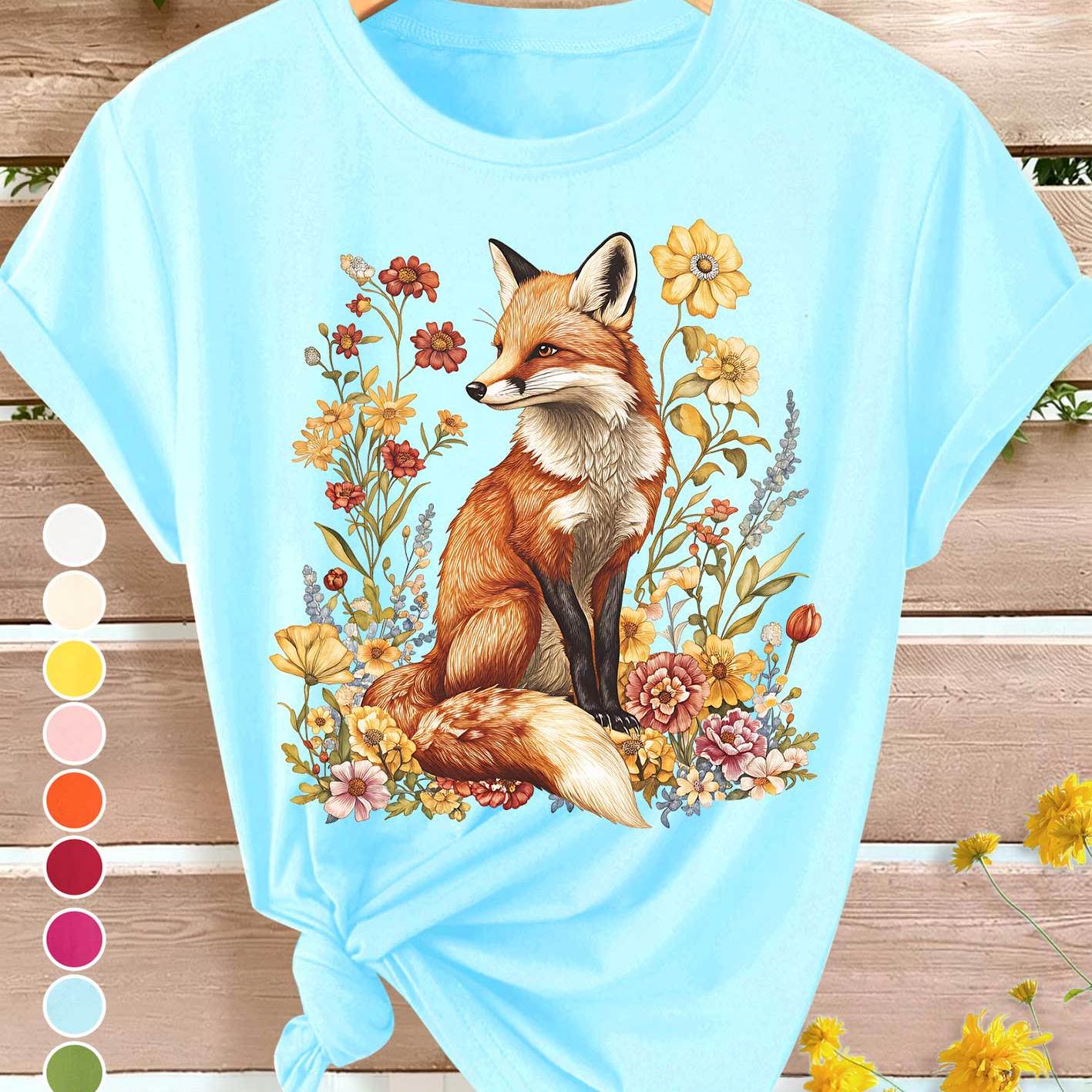 TEMU Summer New Plus Size T-shirt Women's Floral Fox Print Spring Summer Fall Elegant Vintage Style Loose Fit Versatile Casual Athletic Soft