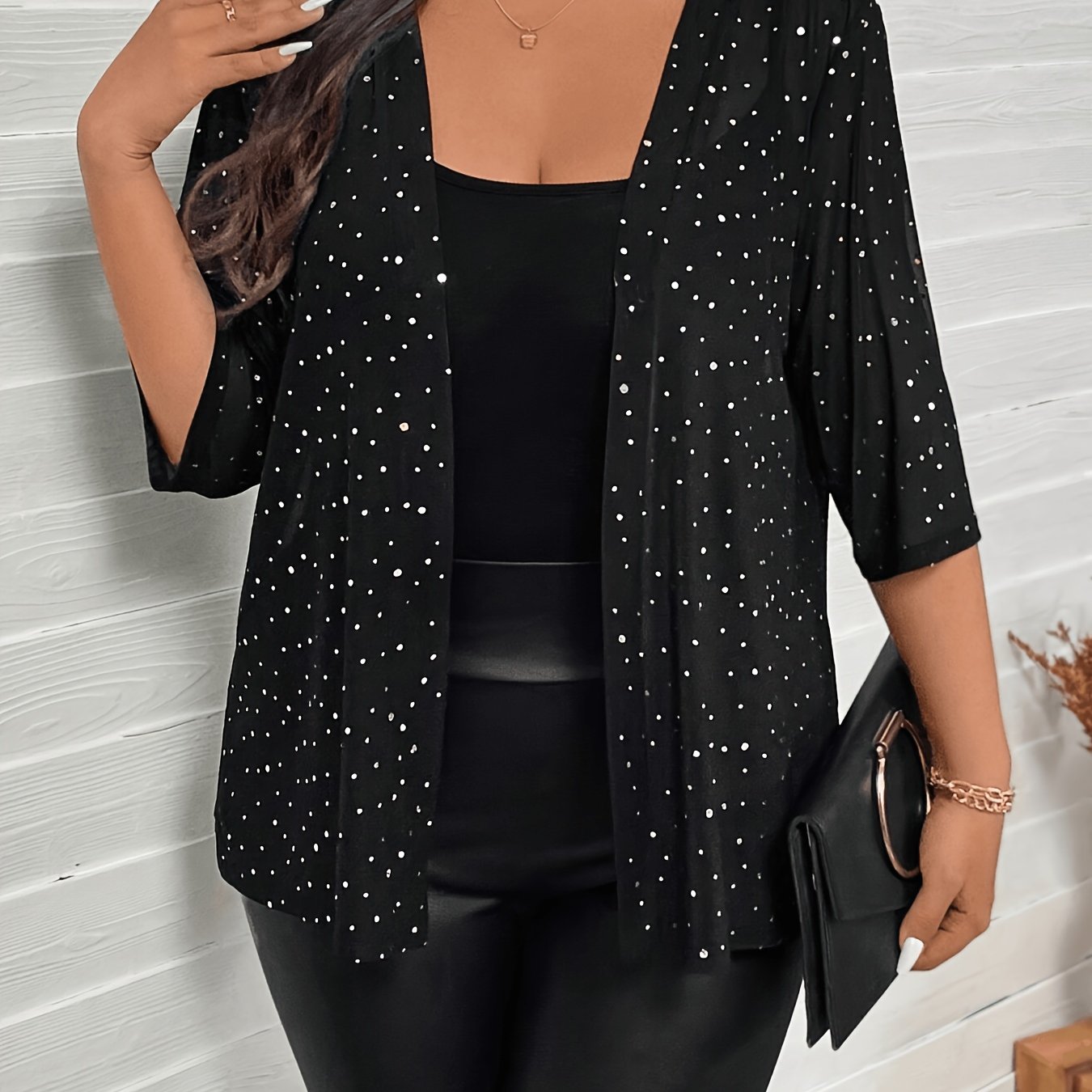 TEMU Plus Size, Large Size New Elegant Silvery Shiny Diamond Mesh Fabric Black Sparkling Jacket Sequined Top Cardigan