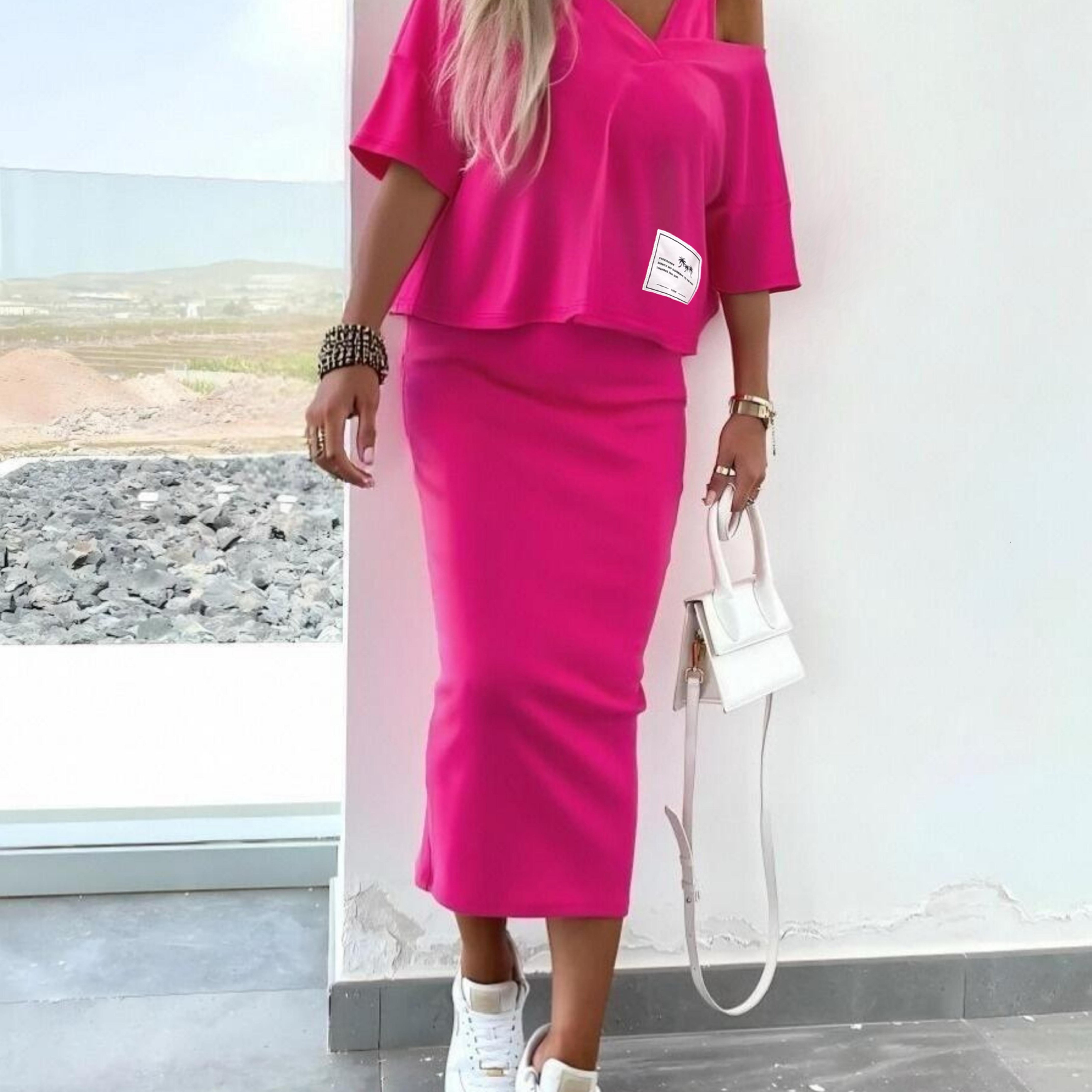 Image of Women's Ribbed Dress Set, Short Sleeve Pullover Ll168, Elegant Women's Suit, Style, Fall/winter Inner Layer, Spring/summer/autumn Elegant Women's Suit