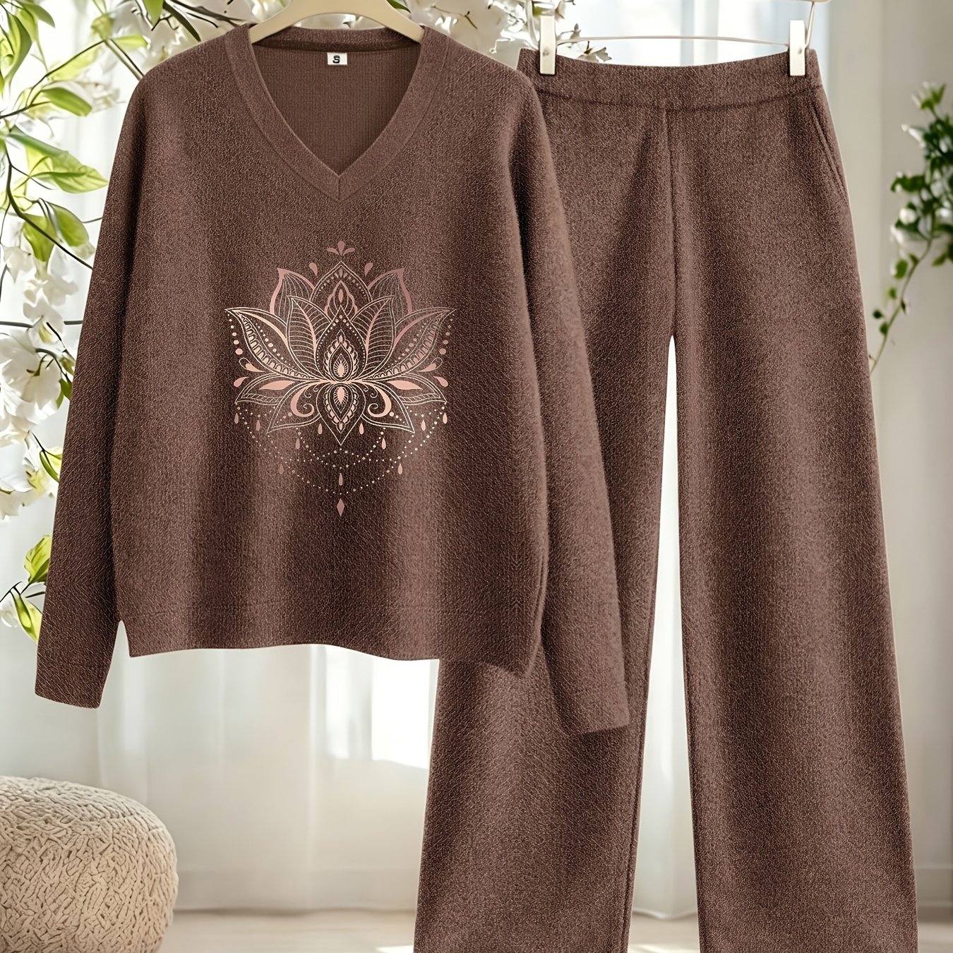 TEMU New Arrival Women's Fall Winter Thick 2pcs Outfit, Printed Loose V-neck Pullover Top Straight Leg Pants Set, Fashion Casual Long Sleeve Warm