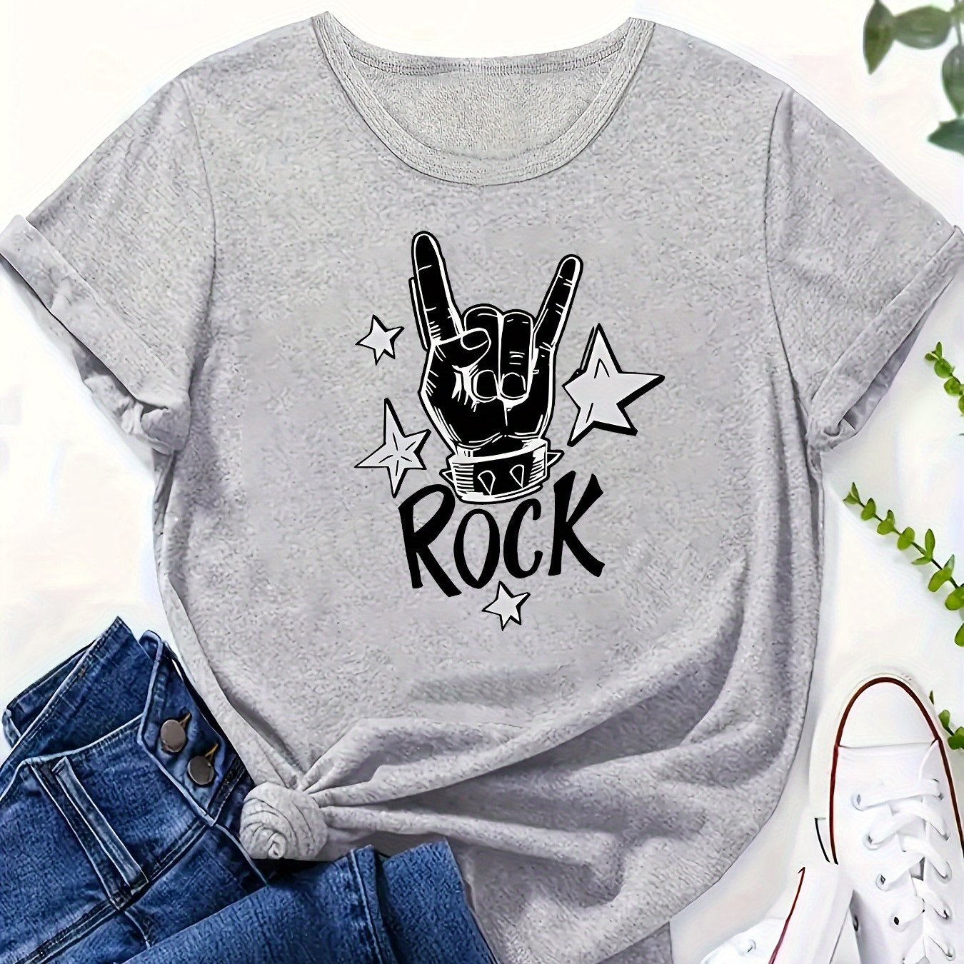 TEMU Fashionable Women' Rock Gesture Trophy Pattern Rock Letter Round Neck Short-sleeved T-shirt