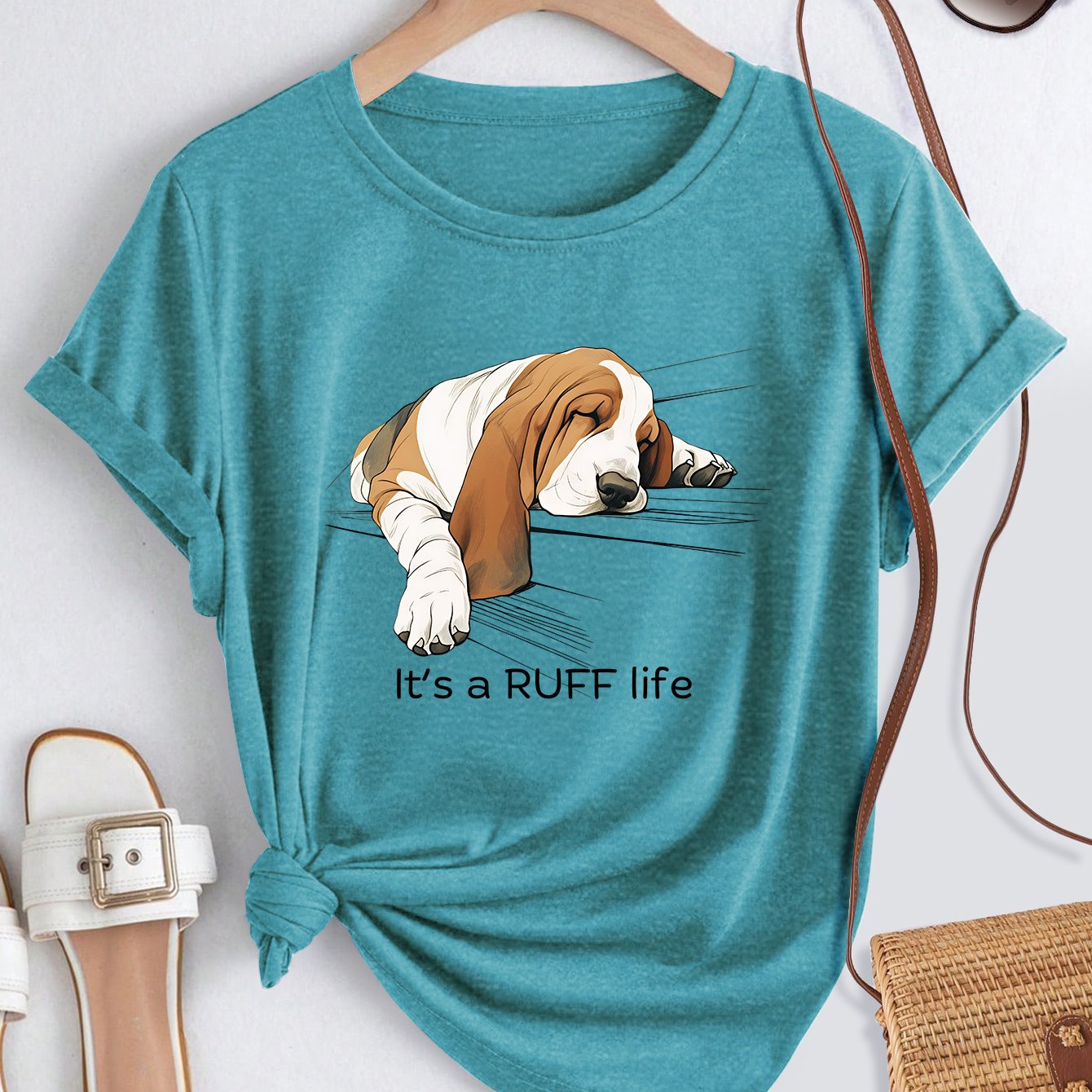 TEMU New Summer Elegant Women's Short-sleeve Vintage Style " A Ruff Life" Basset Hound Print Top, Breathable And Comfortable Fabric, Women's Summer