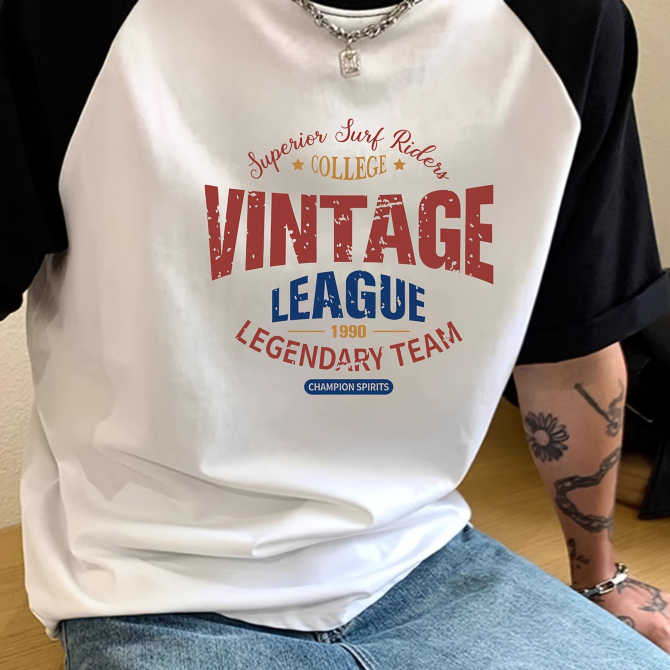 TEMU Vintage Raglan Short Sleeve Men's T-shirt / 2026 Summer New Arrival / Color-block Raglan Sleeve Top / Daily Outing Wear / Casual Sport Shirt For