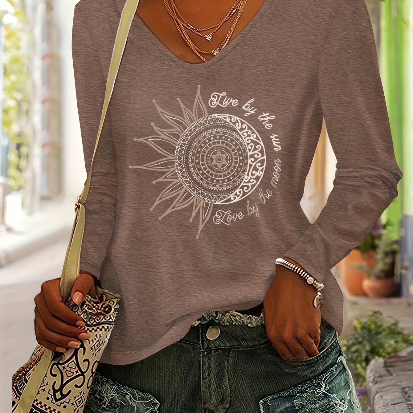 TEMU Printed Pattern Casual Women's Autumn/winter V-neck Long Sleeve T-shirt