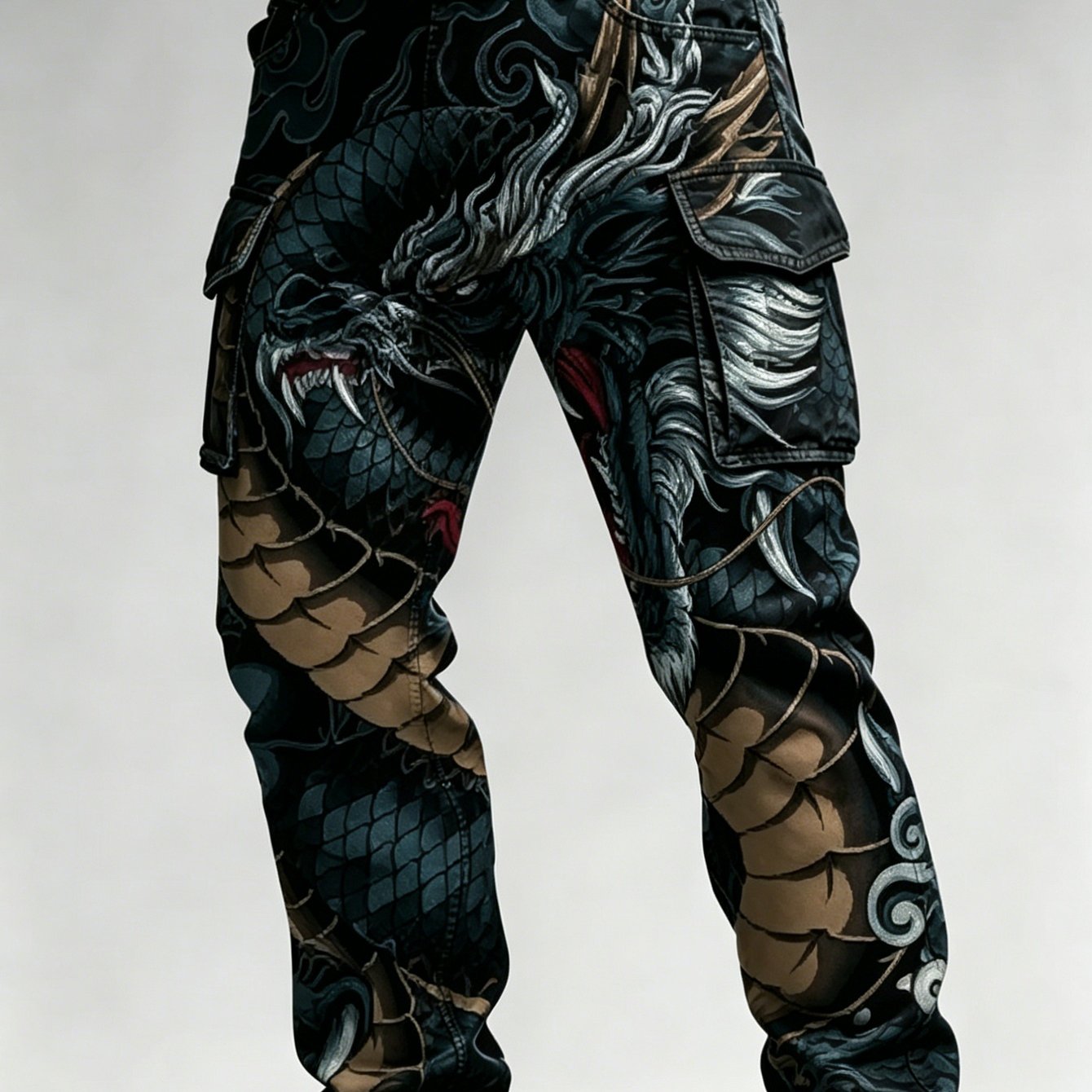 Men's Cargo Pants, Dragon Pattern Digital Full Print Casual Straight Leg Trousers For Daily Streetwear Party